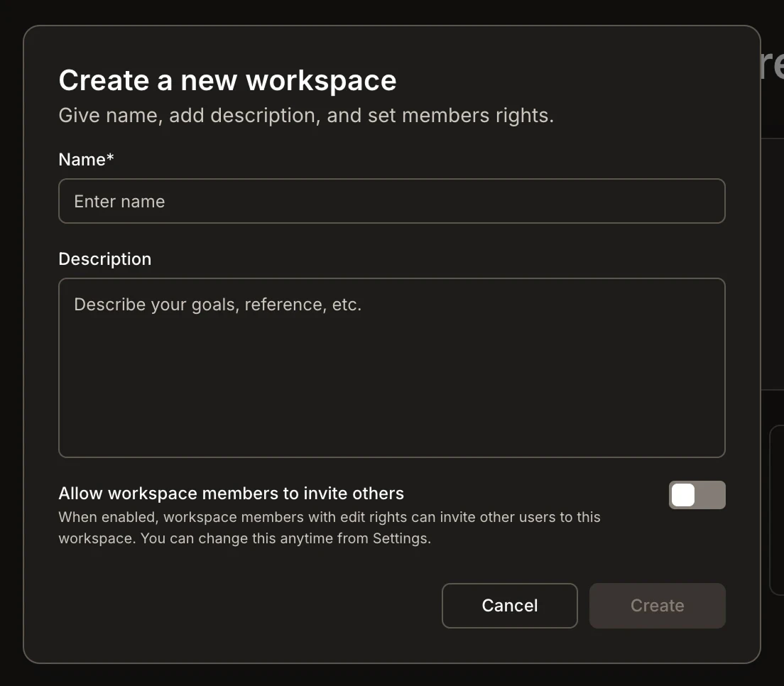 Create a new workspace dialog showing Name, Description, and invite toggle fields.