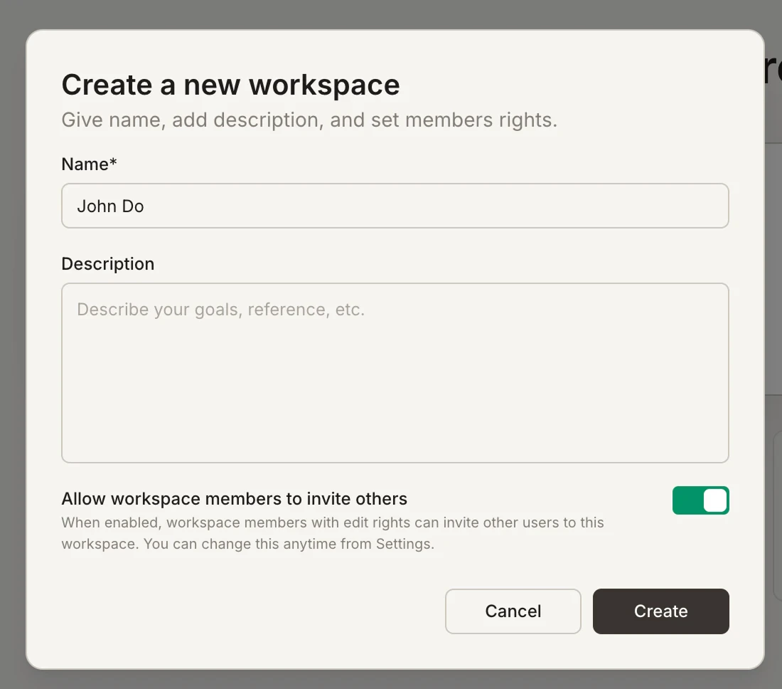 Create a new workspace dialog showing Name, Description, and invite toggle fields.