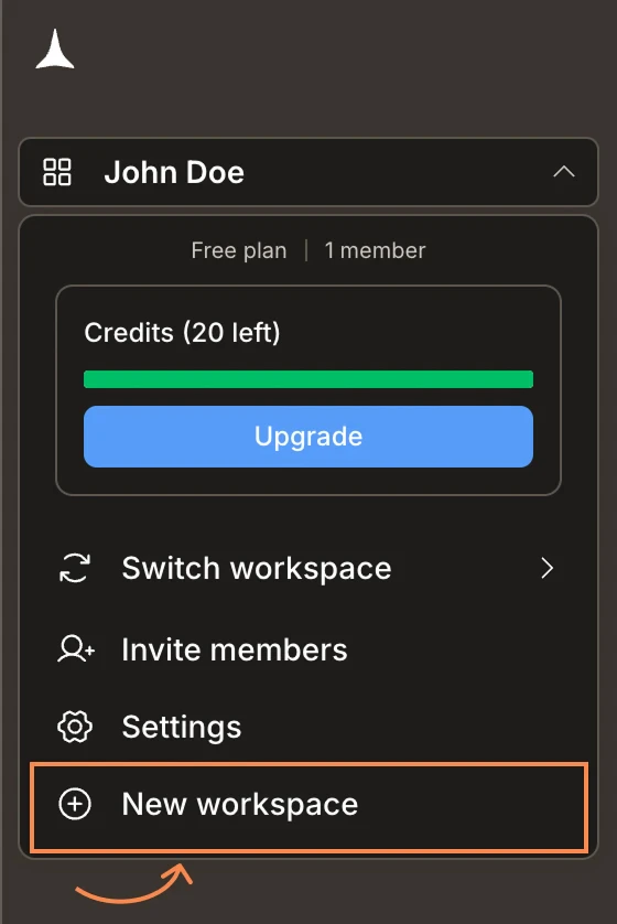 Workspace menu showing Switch workspace, Invite members, Settings, and New workspace options.
