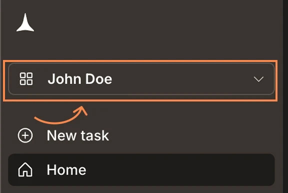 Sidebar showing the workspace name button highlighted.