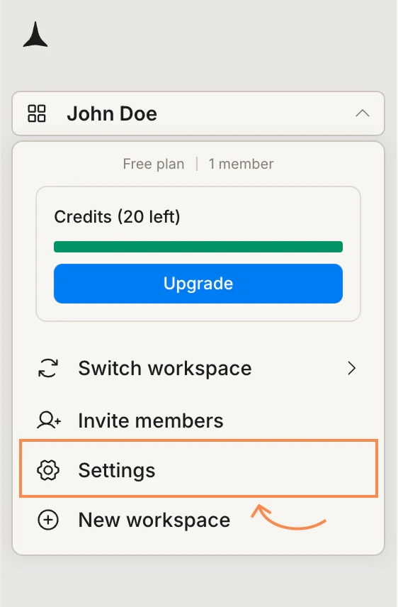 Workspace menu with the Settings option highlighted.