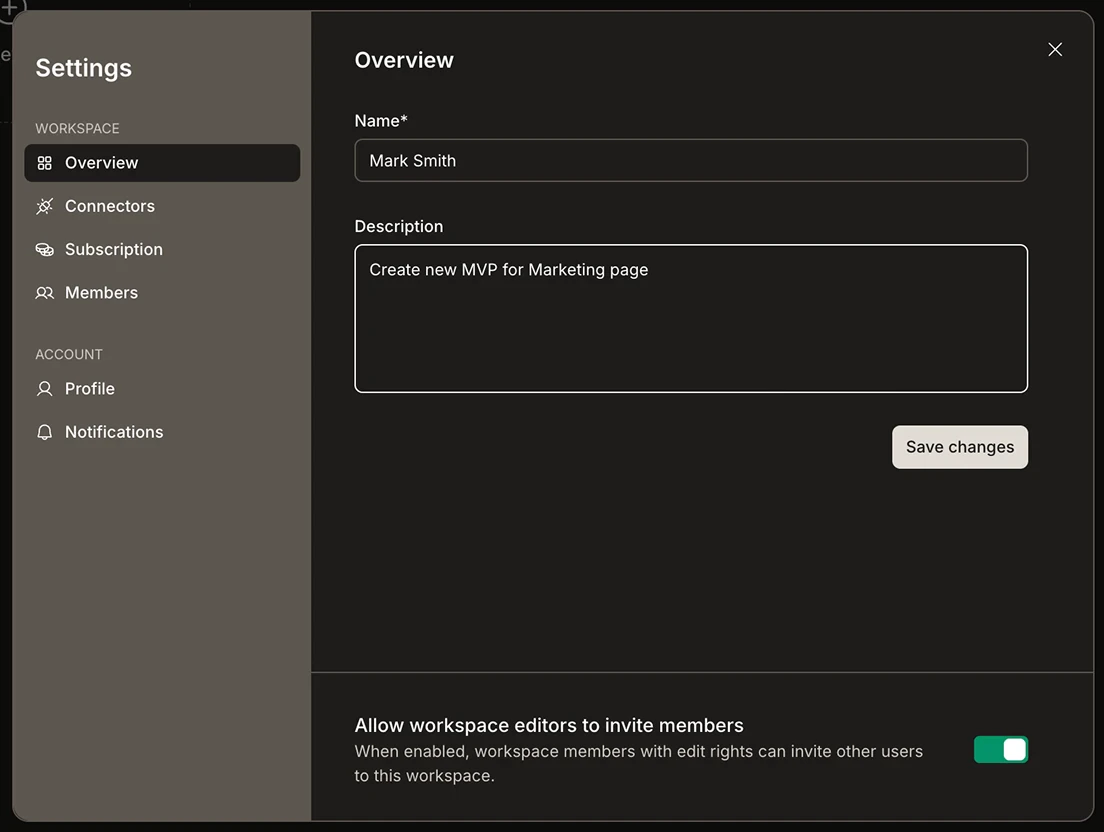 Settings panel showing the Overview tab with Name, Description, and Save changes button.