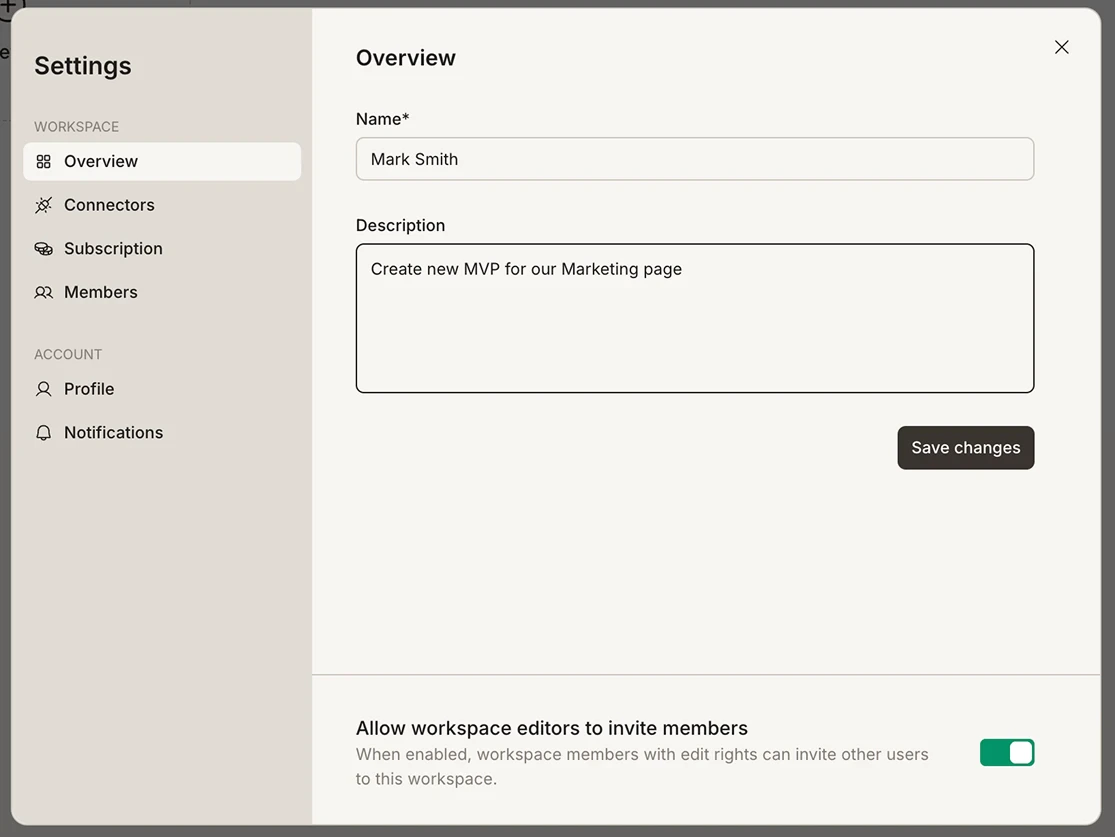 Settings panel showing the Overview tab with Name, Description, and Save changes button.