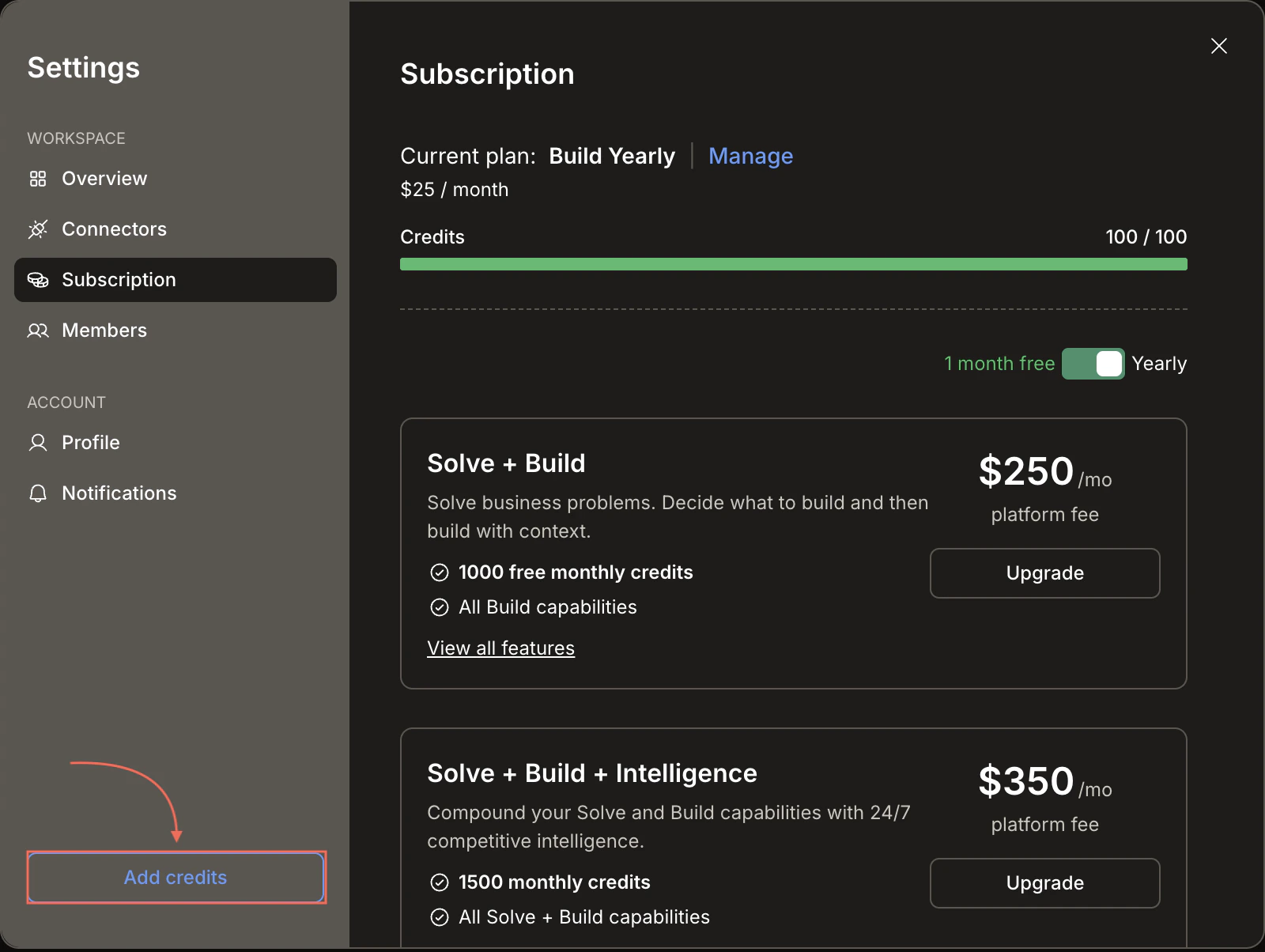 Subscription tab with Add credits button highlighted in the sidebar.