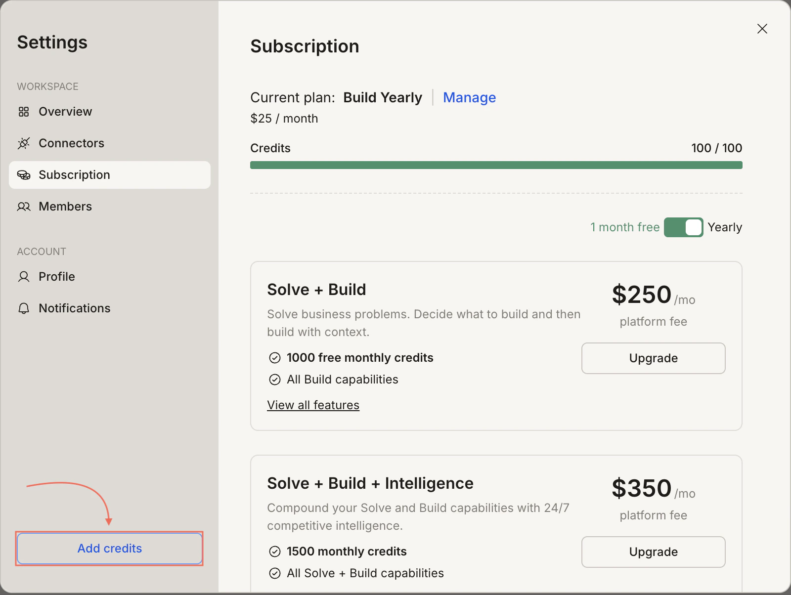 Subscription tab with Add credits button highlighted in the sidebar.