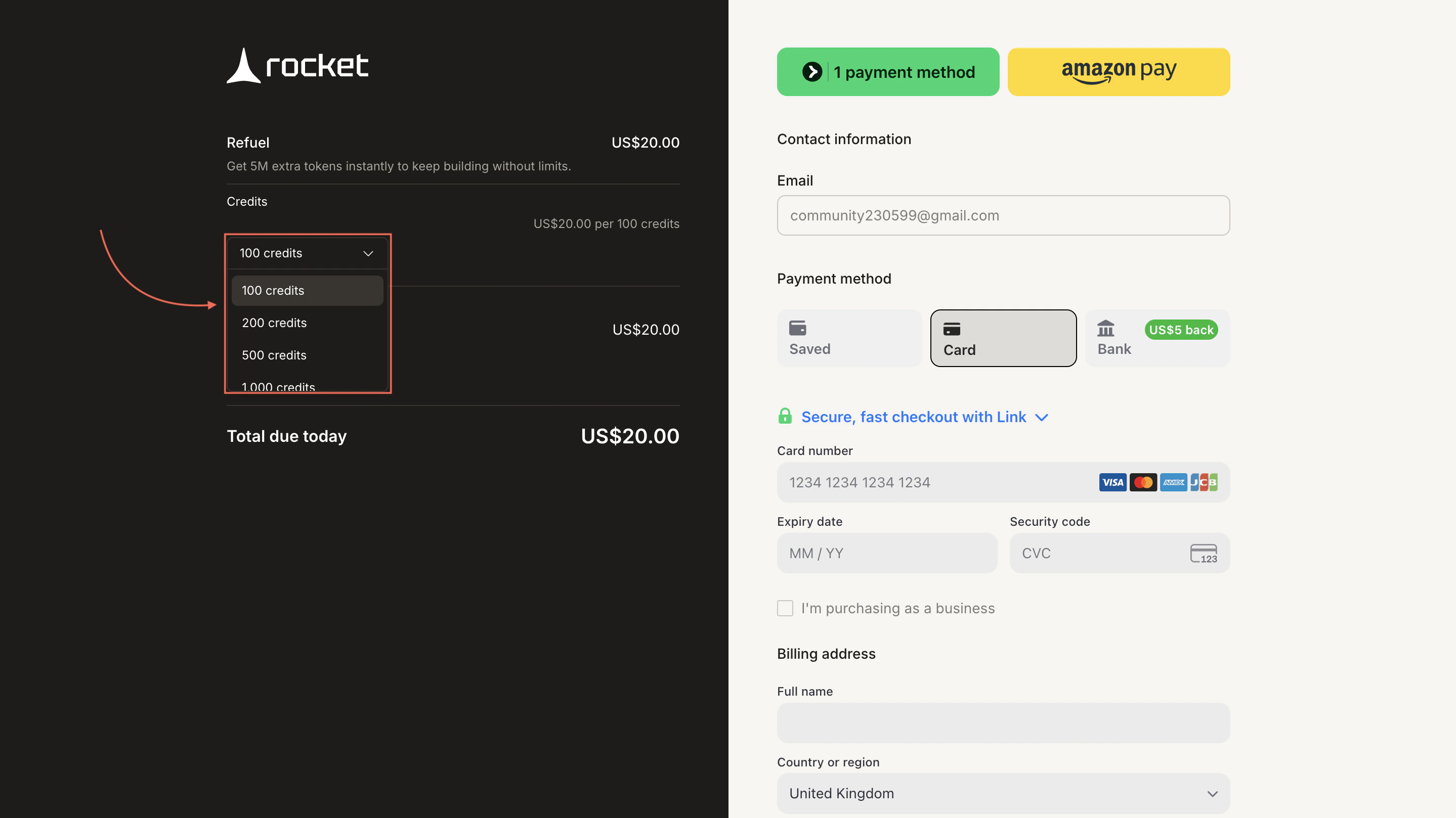 Stripe checkout showing credit pack quantity selector.