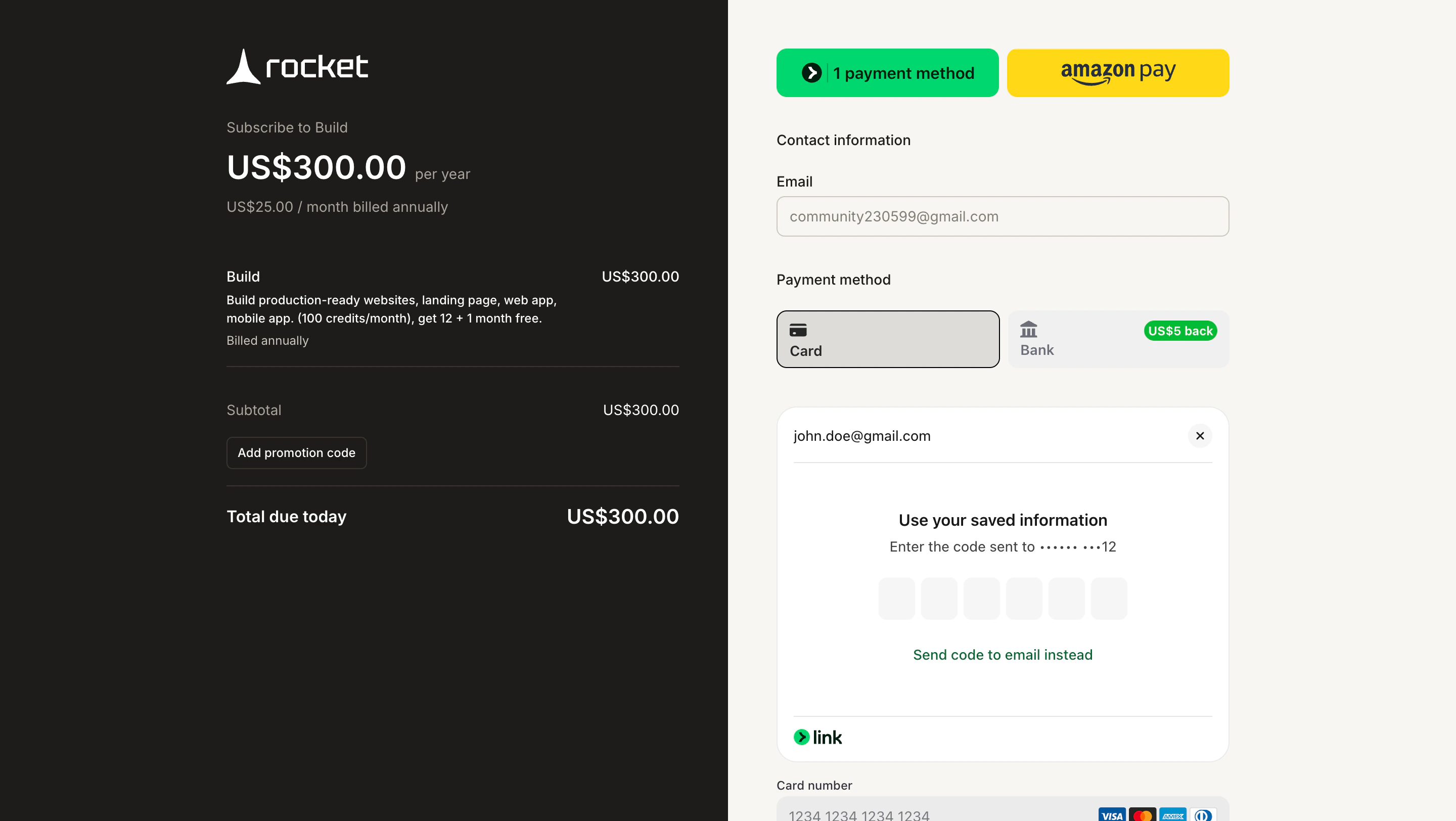 Stripe checkout screen for subscribing to a Rocket plan.