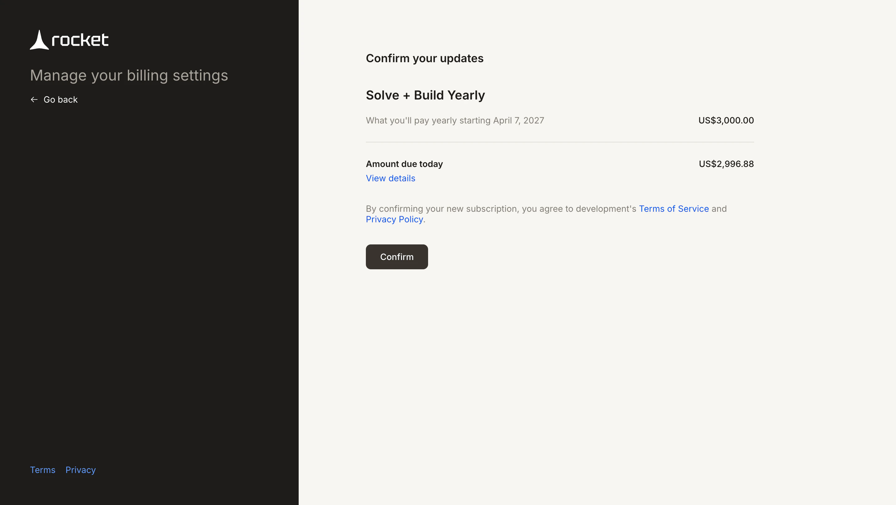 Stripe confirmation screen showing prorated charge for upgrading to a new plan.