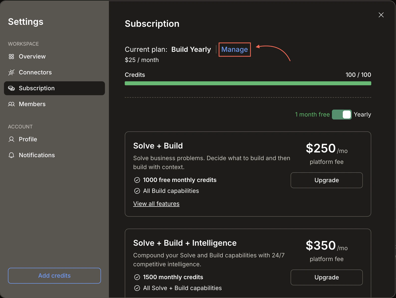 Subscription tab showing the Manage link next to the current plan.