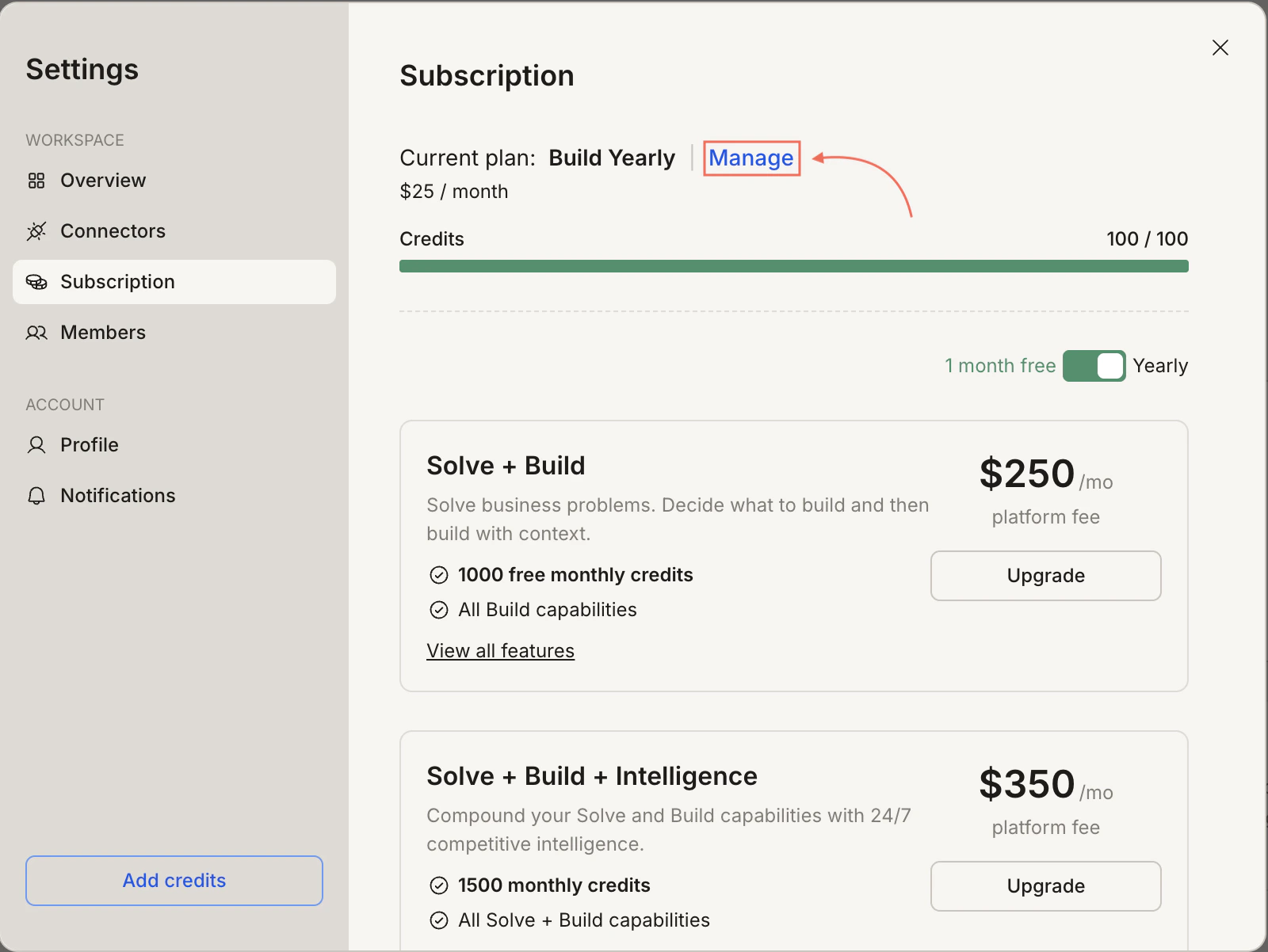 Subscription tab showing the Manage link next to the current plan.