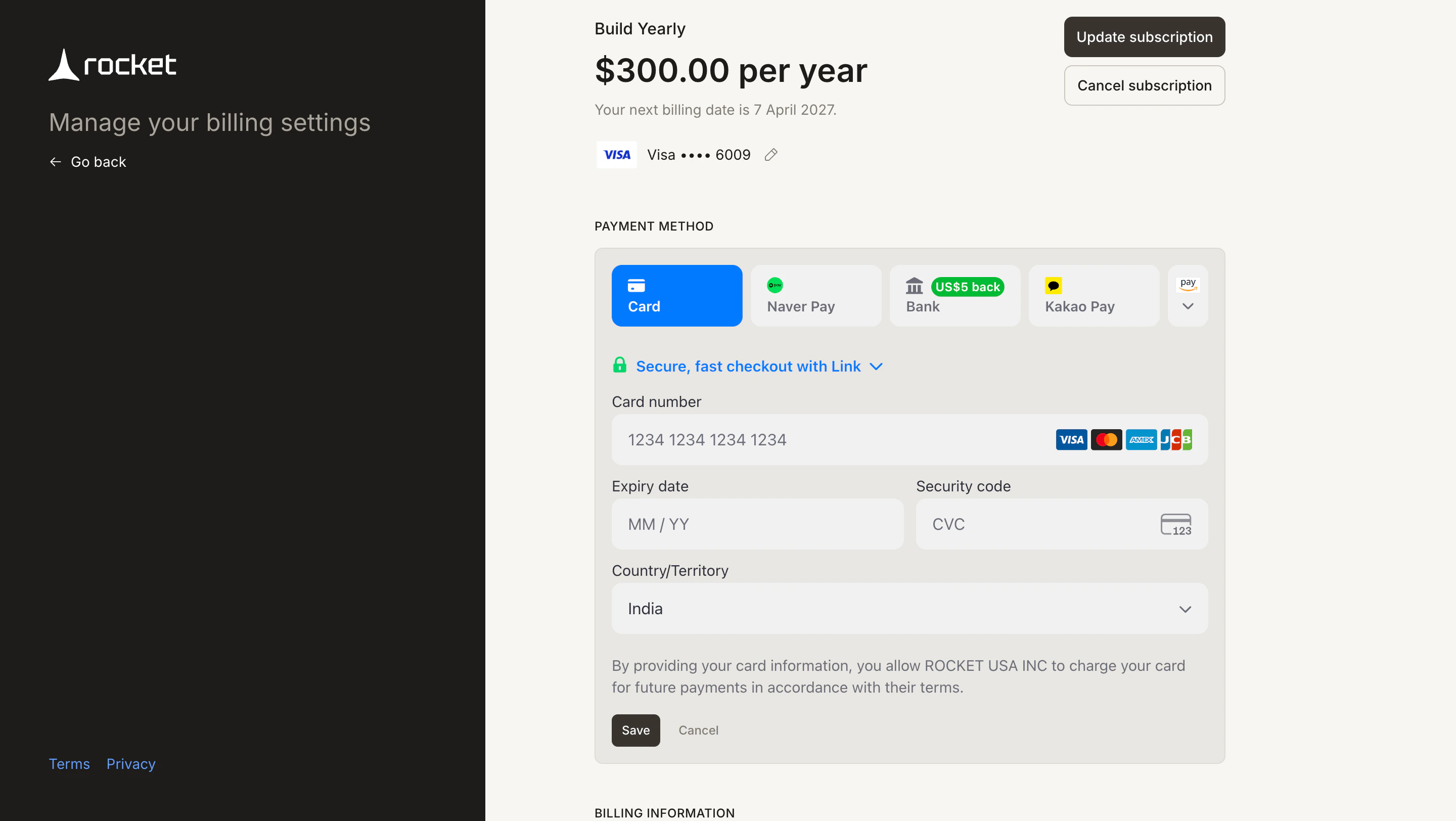 Stripe card entry form with fields for card number, expiry, and security code.