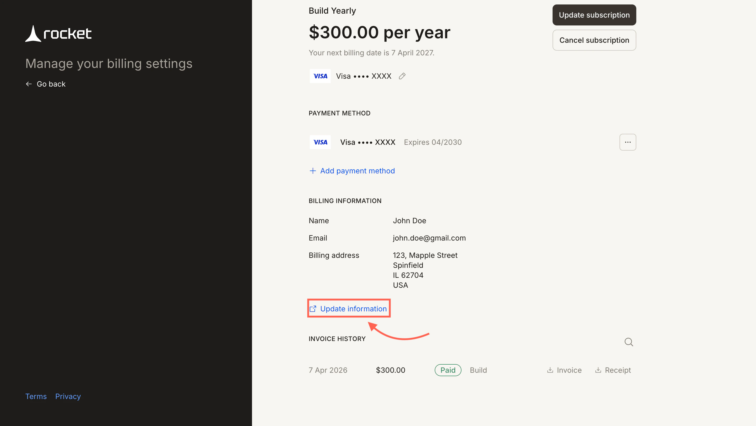 Stripe billing portal showing Billing Information with Update information link.