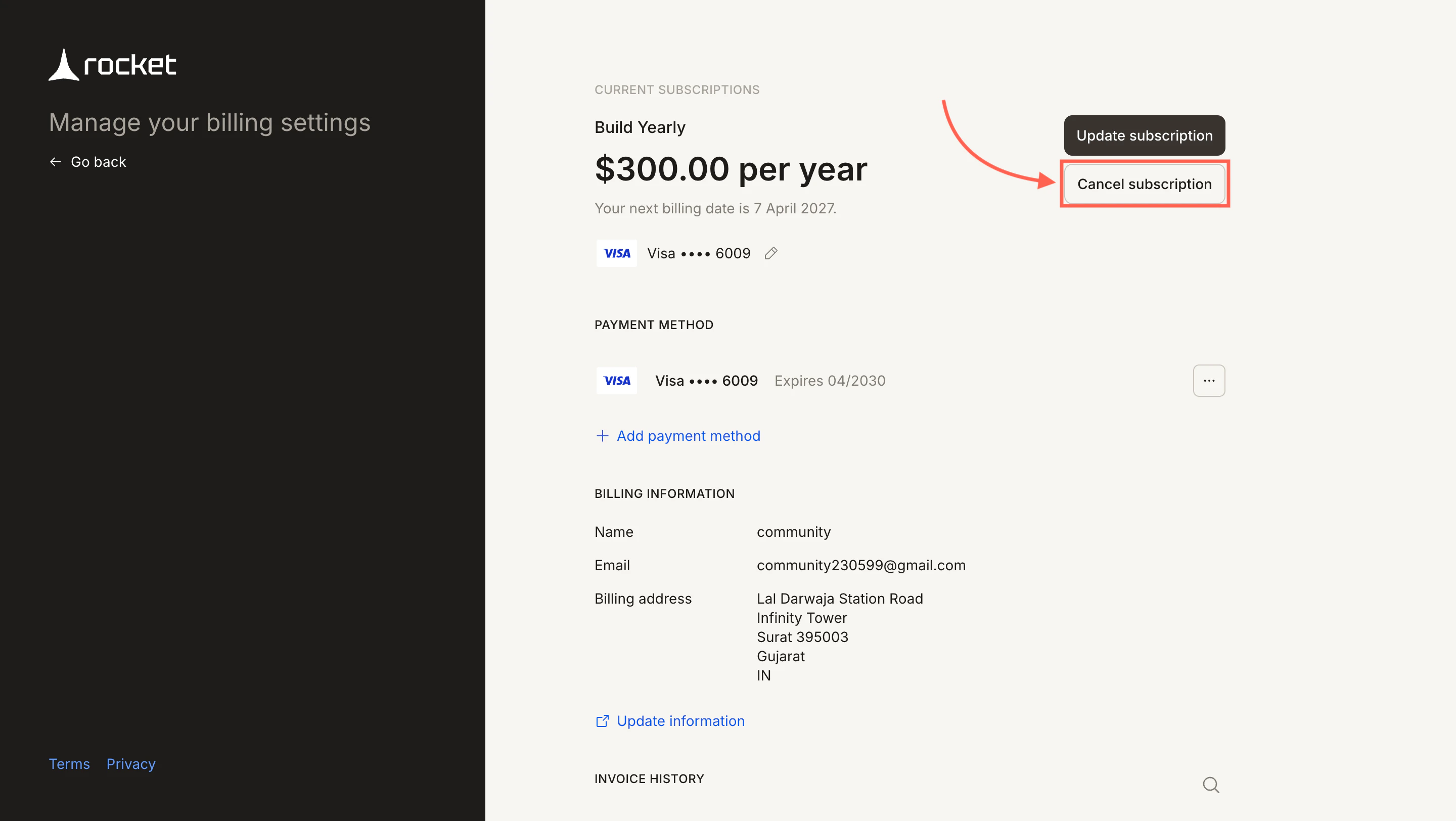 Stripe billing portal showing Cancel subscription button.