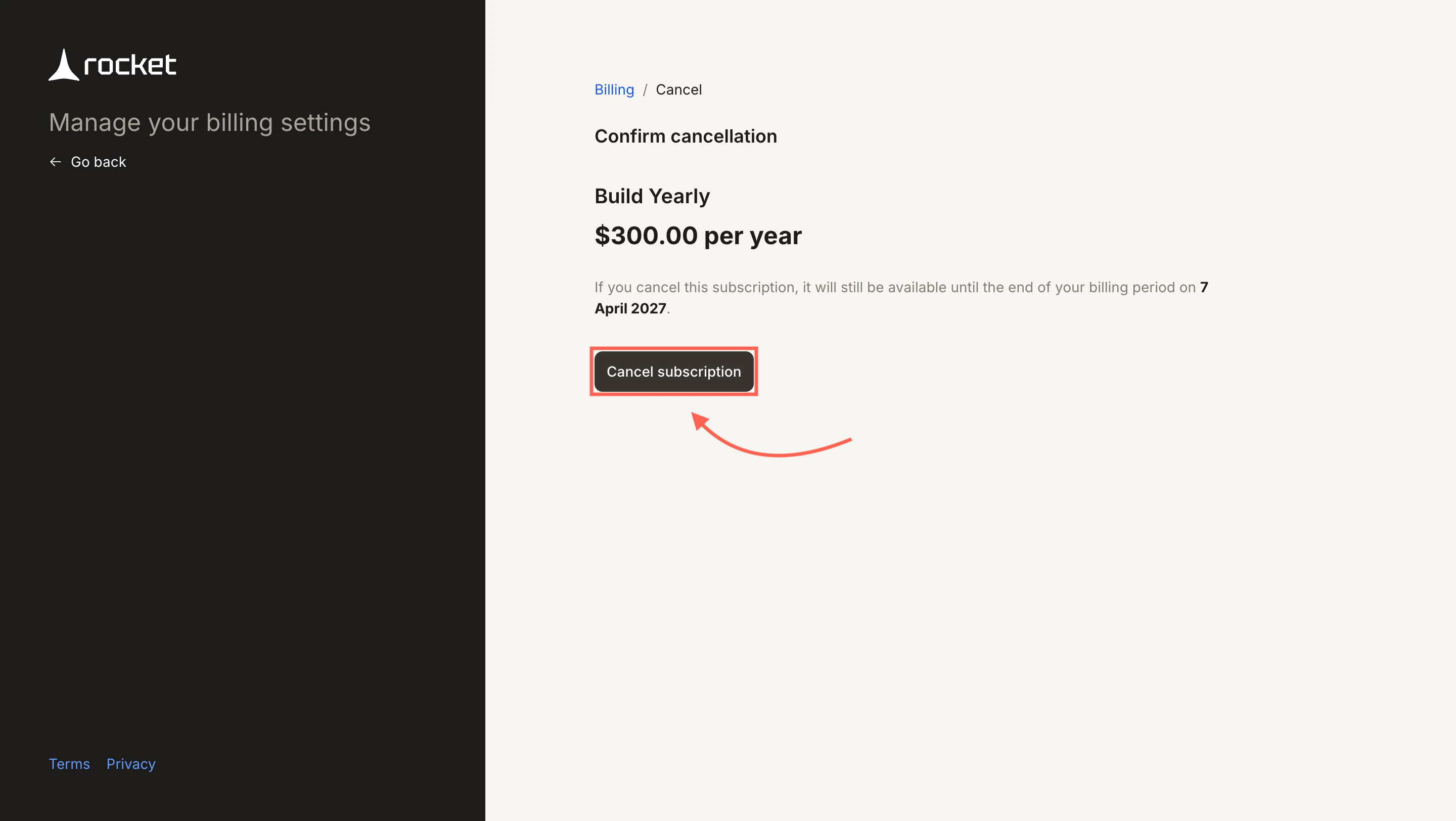 Stripe cancellation confirmation screen showing the subscription end date.