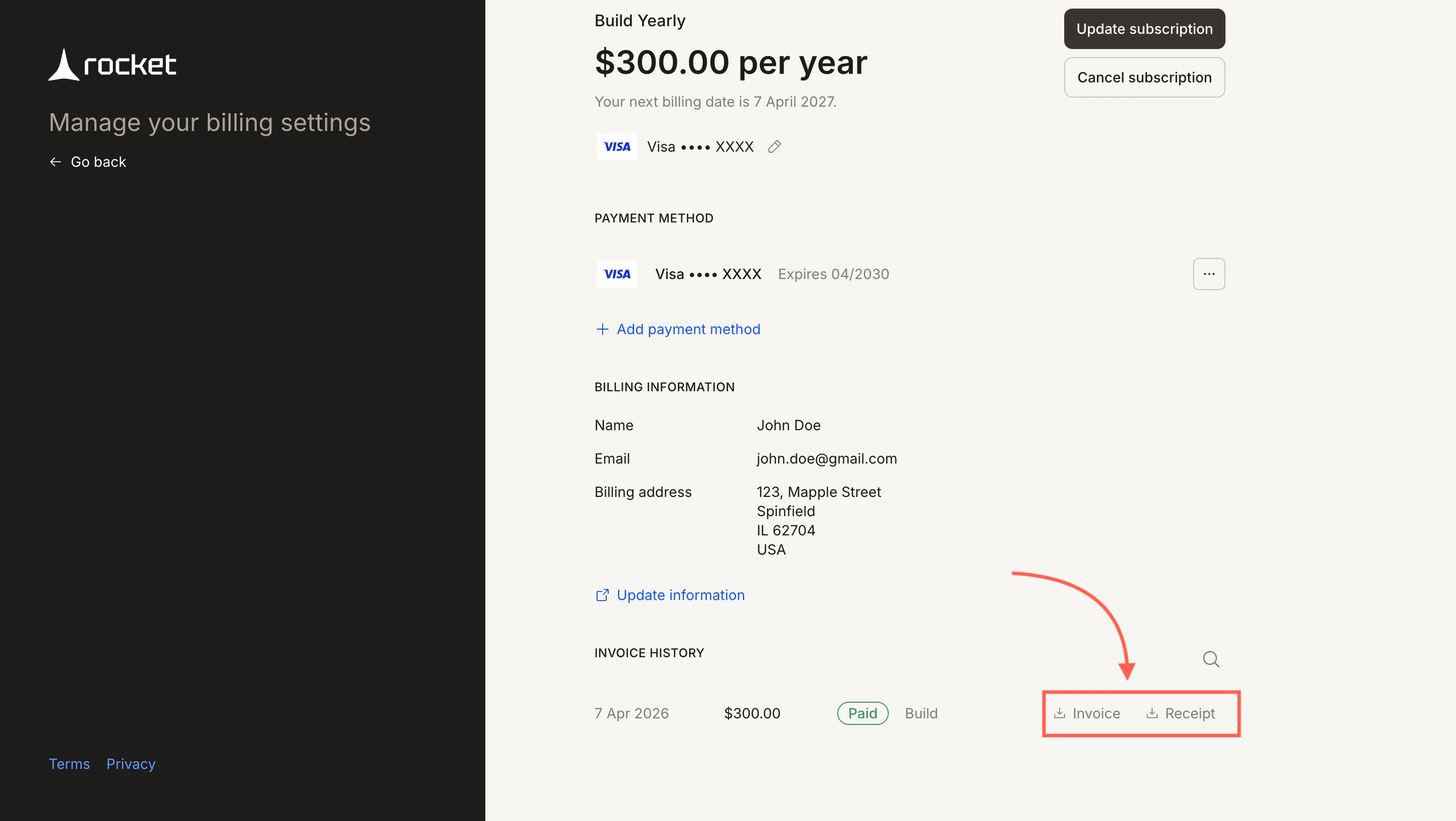 Stripe billing portal showing Invoice History with Invoice and Receipt download buttons.