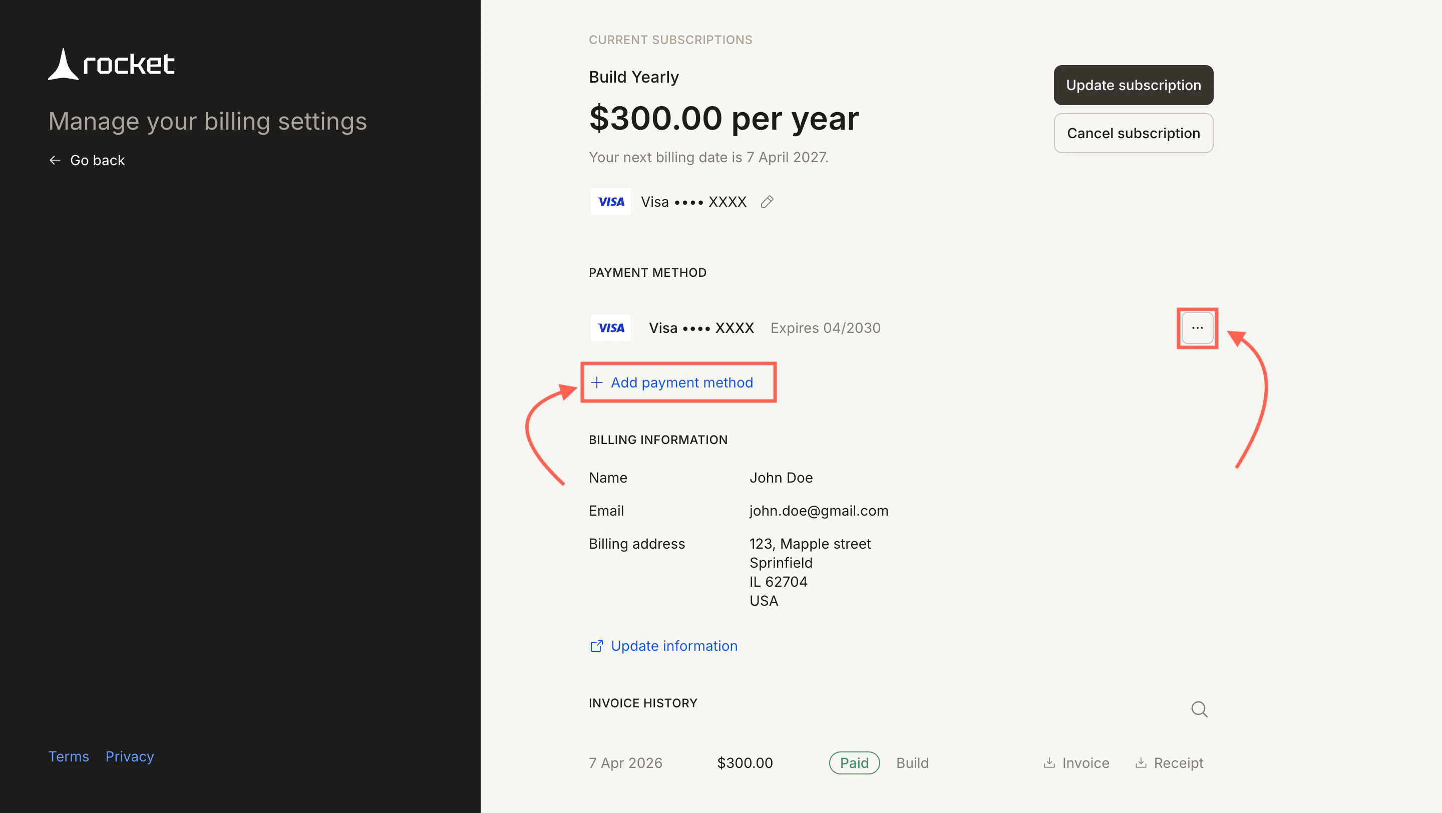 Stripe billing portal showing Payment Method section with Add payment method button and three-dot menu.