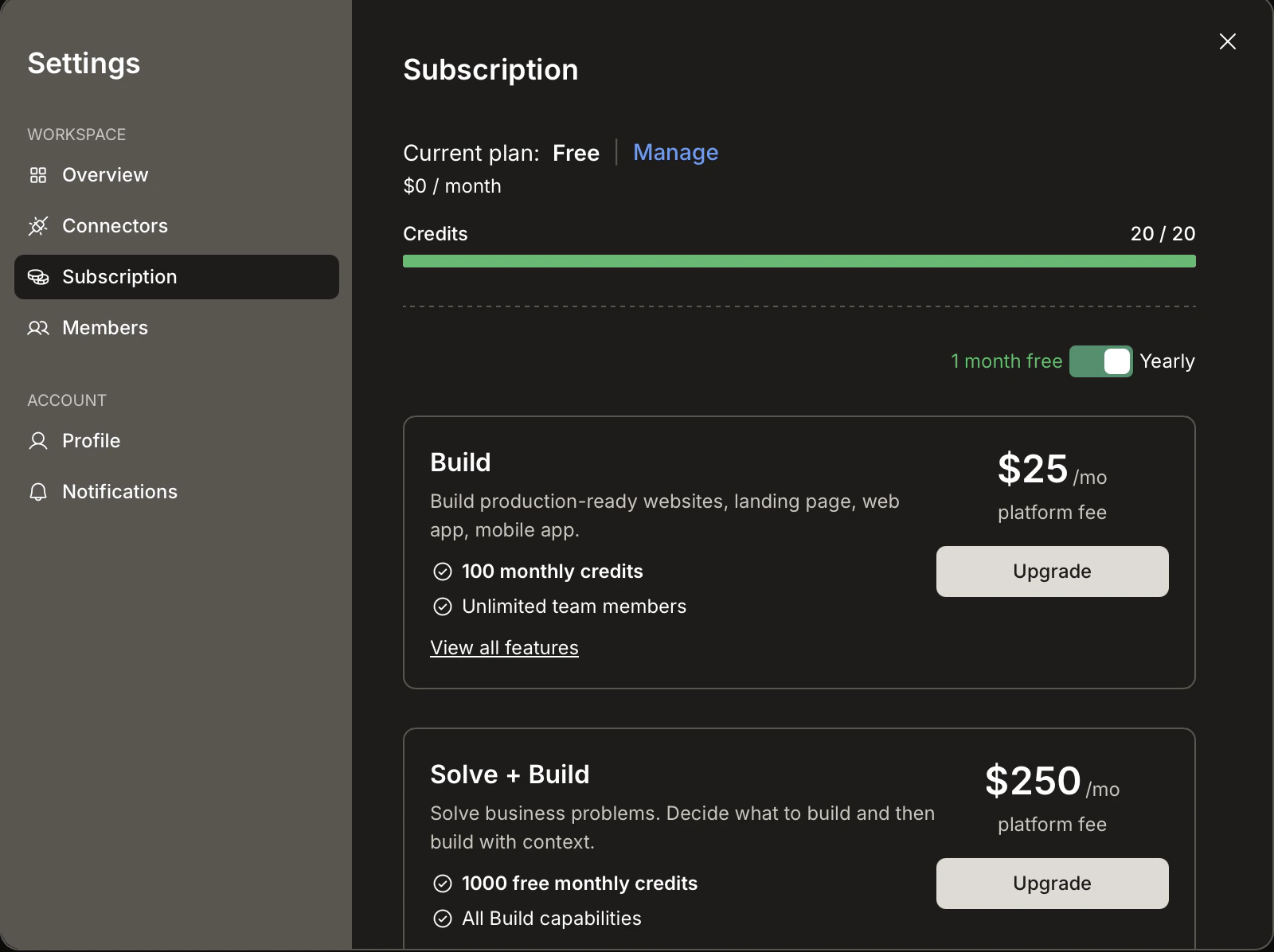 Subscription tab showing current plan and upgrade options.