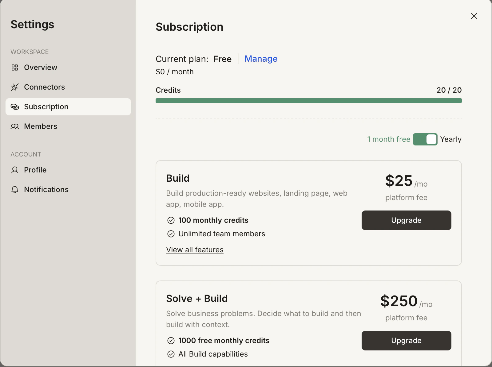 Subscription tab showing current plan and upgrade options.
