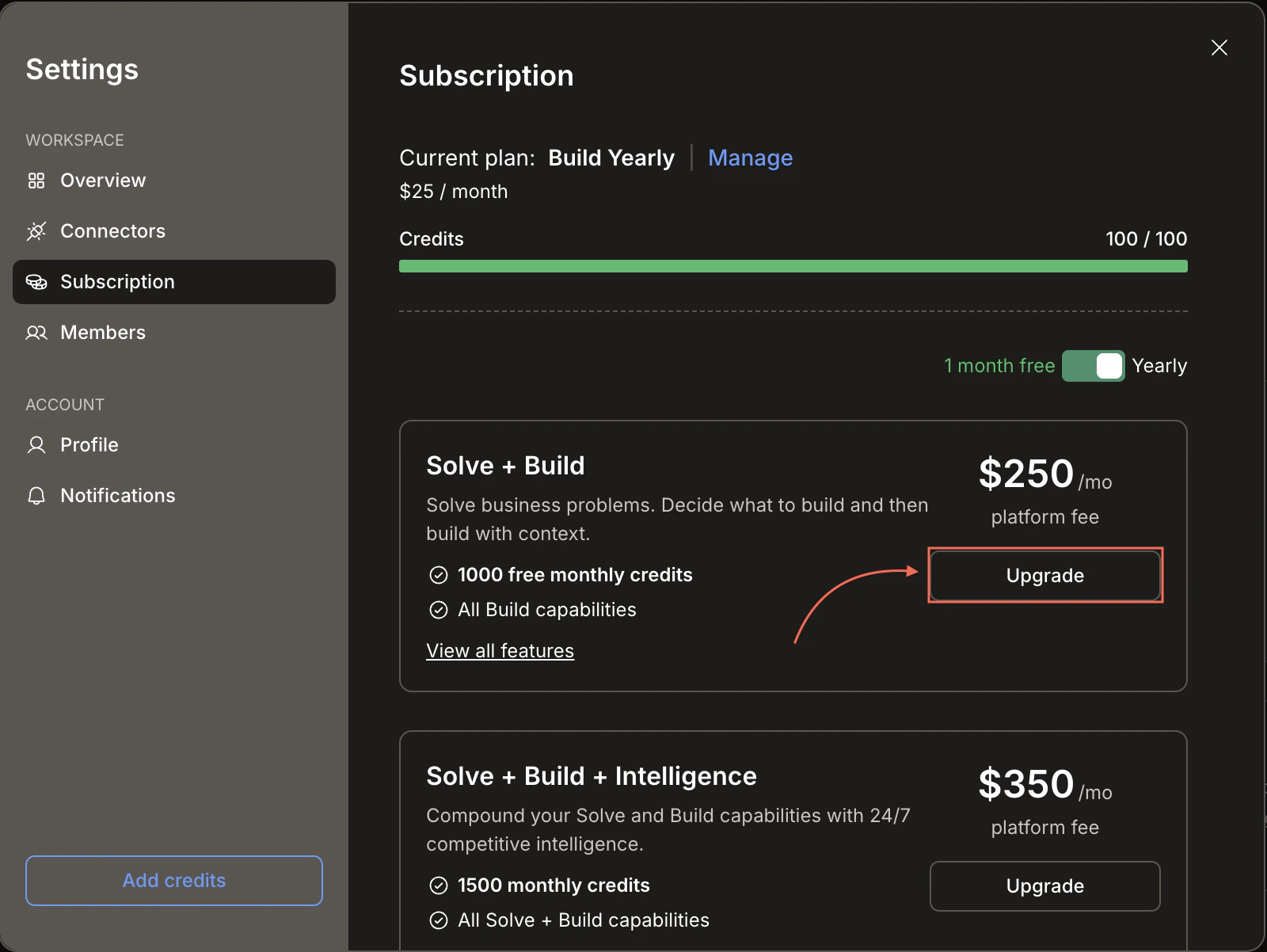 Subscription tab with Upgrade button highlighted on a higher-tier plan.
