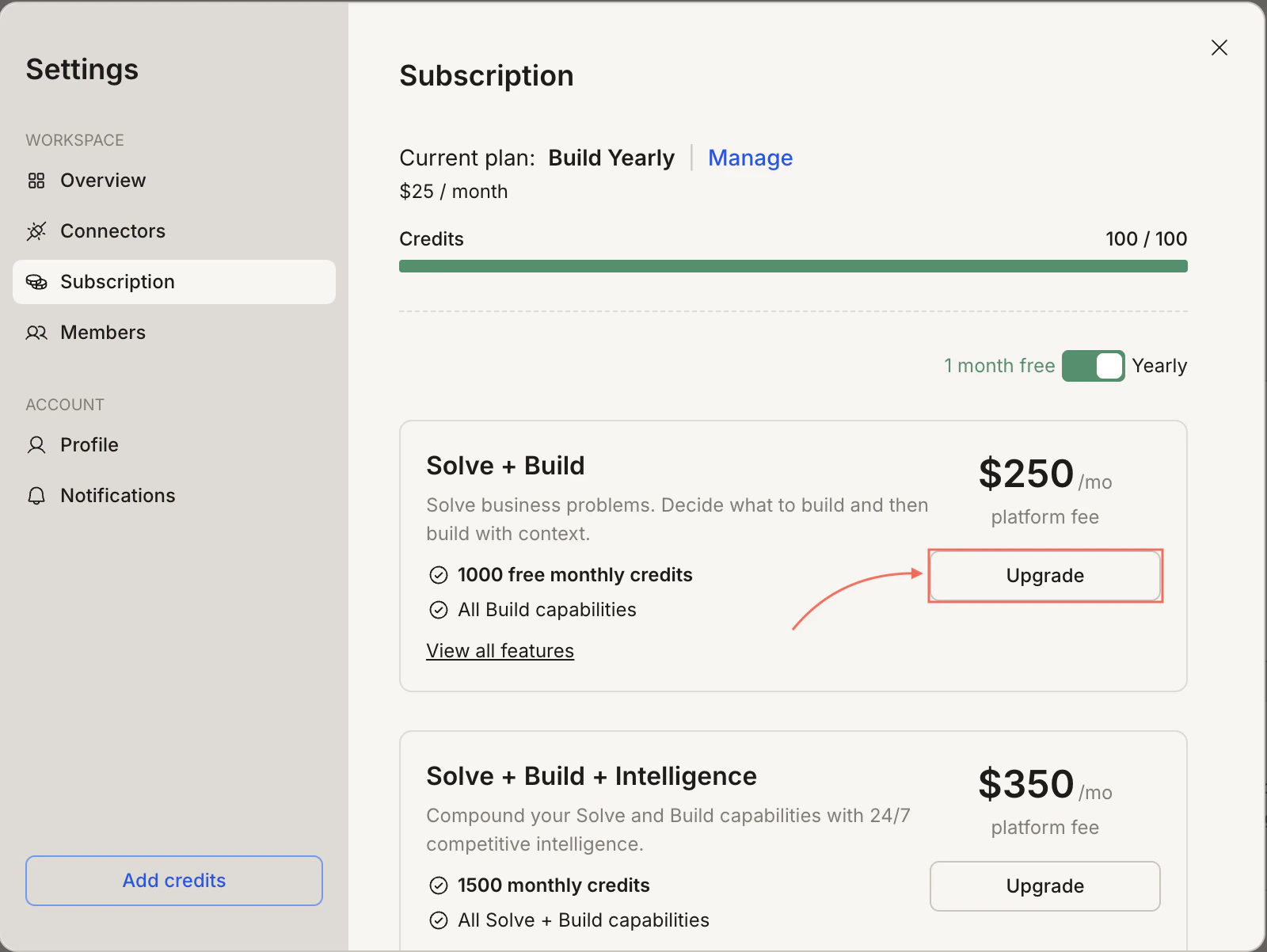 Subscription tab with Upgrade button highlighted on a higher-tier plan.