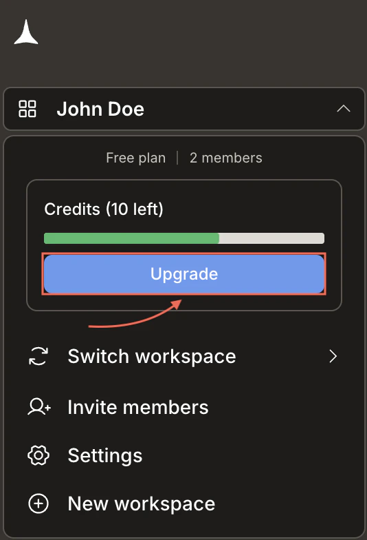 Workspace menu showing the Upgrade button.