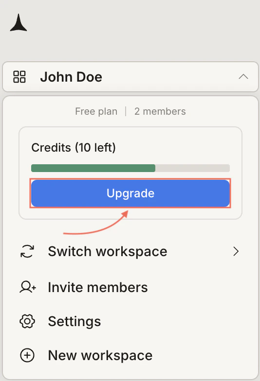 Workspace menu showing the Upgrade button.