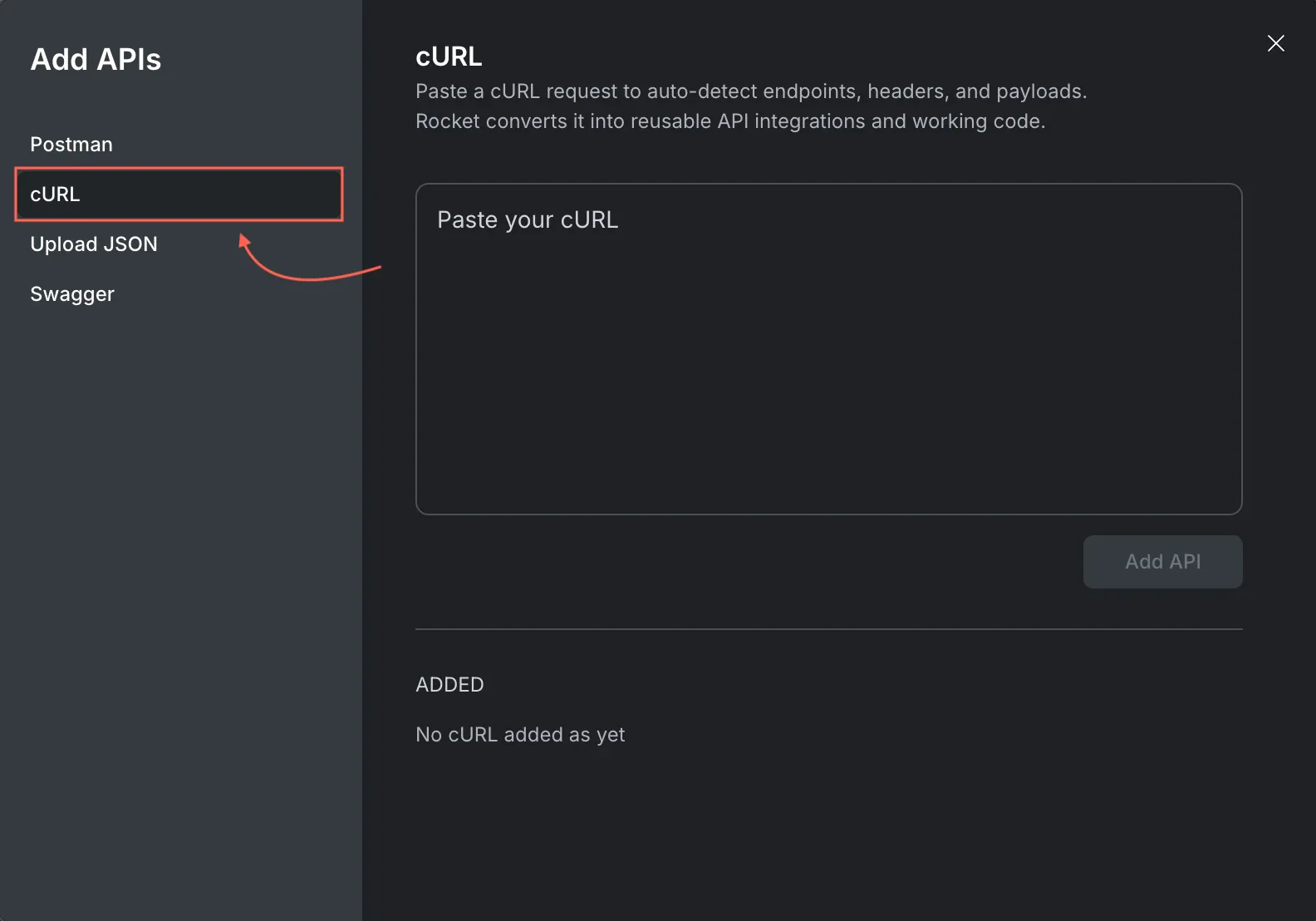cURL import tab with command input field.