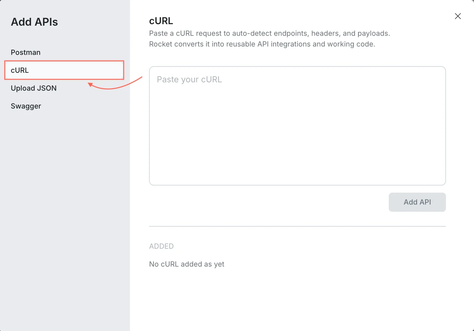 cURL import tab with command input field.