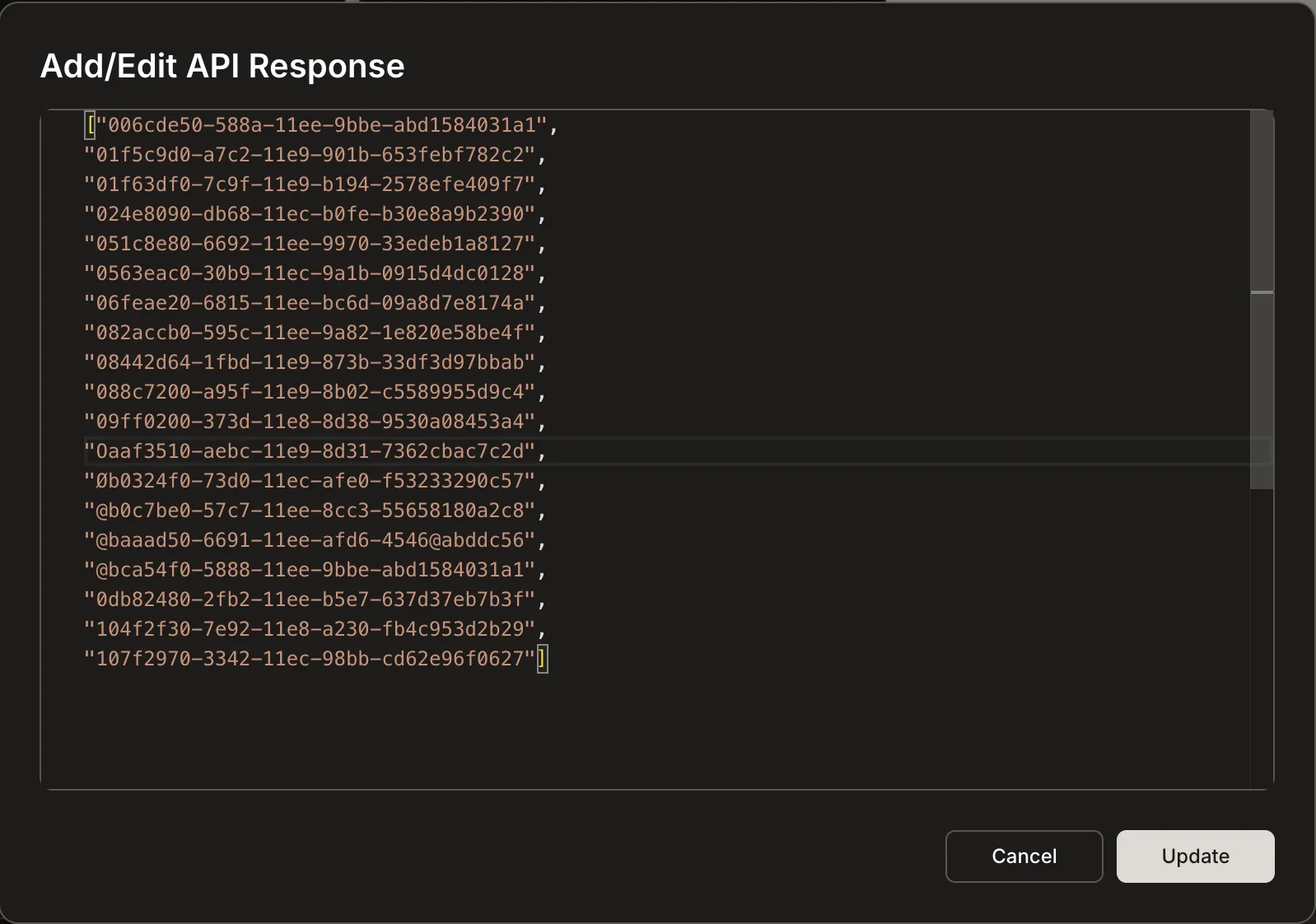 Add/Edit API Response dialog showing JSON response content.