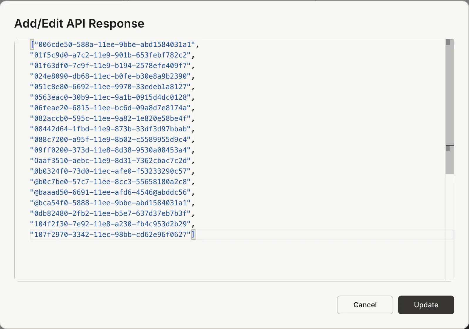 Add/Edit API Response dialog showing JSON response content.