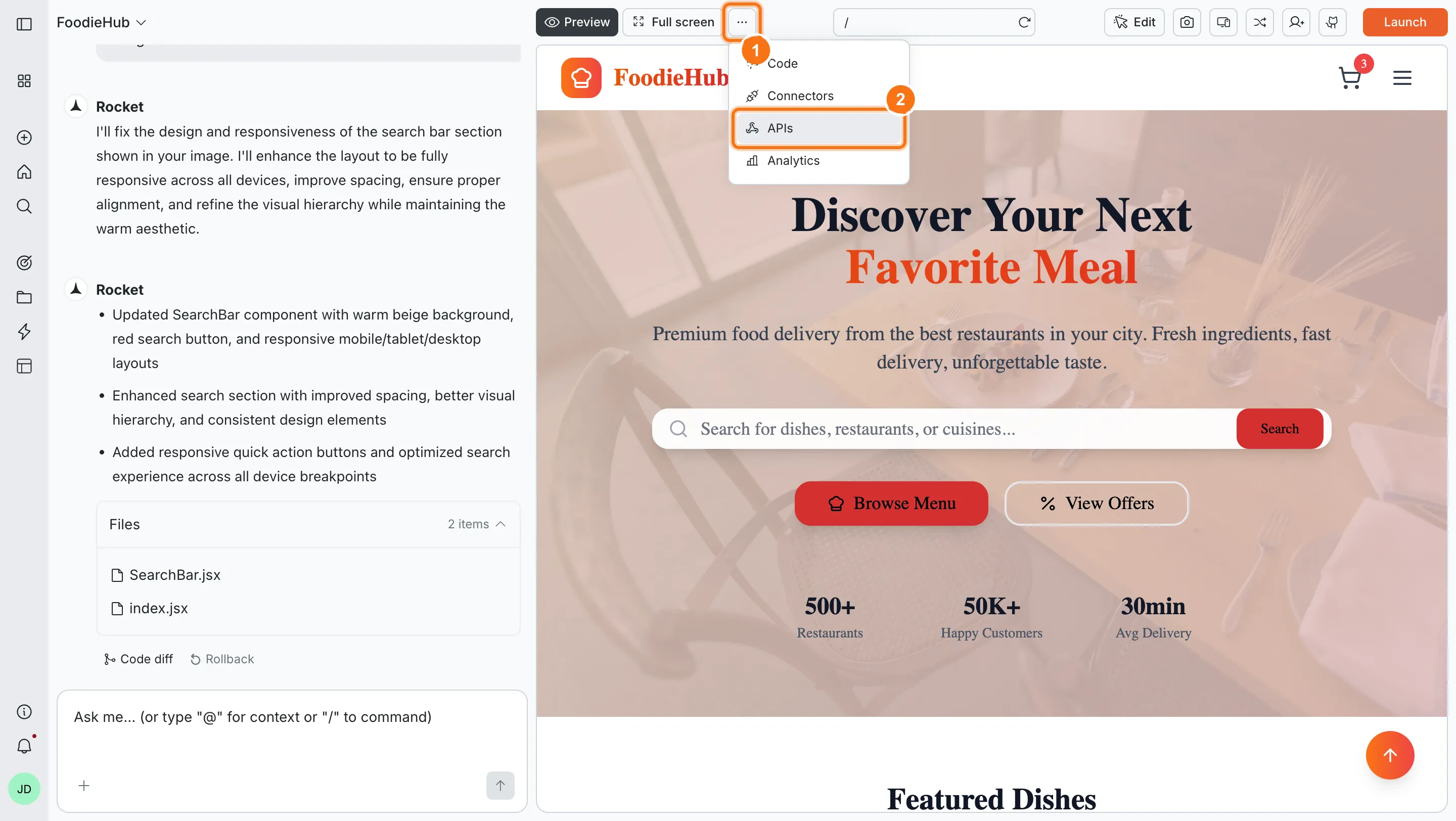 Toolbar dropdown with APIs option highlighted.