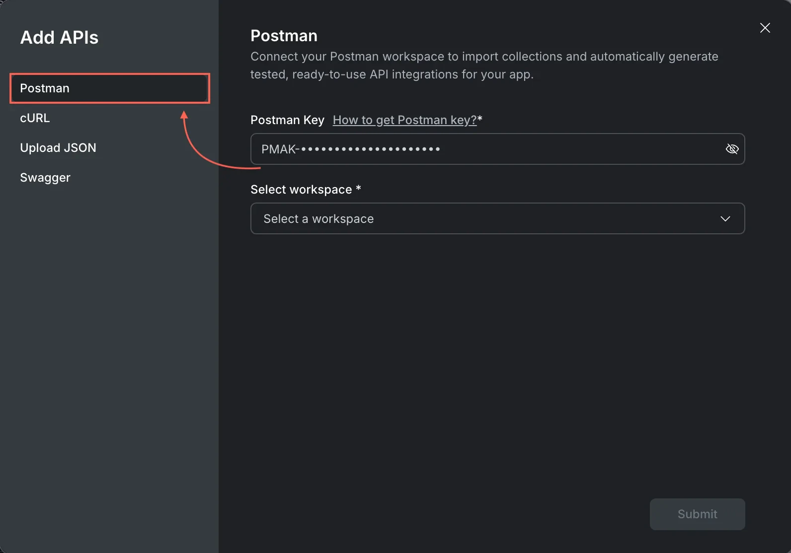 Postman import tab showing key input and workspace selection.