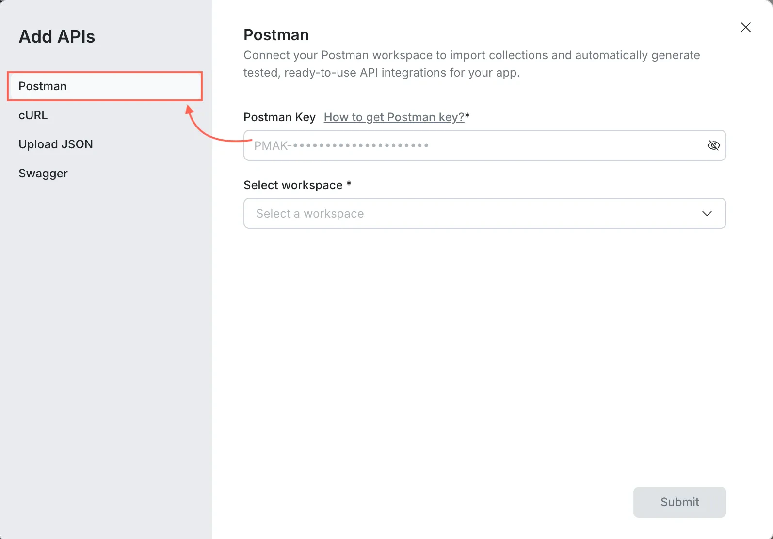 Postman import tab showing key input and workspace selection.