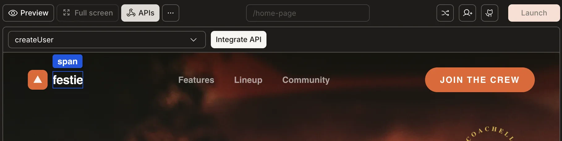 Element tag bar showing div and span options for API attachment.
