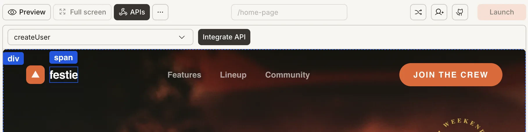 Element tag bar showing div and span options for API attachment.