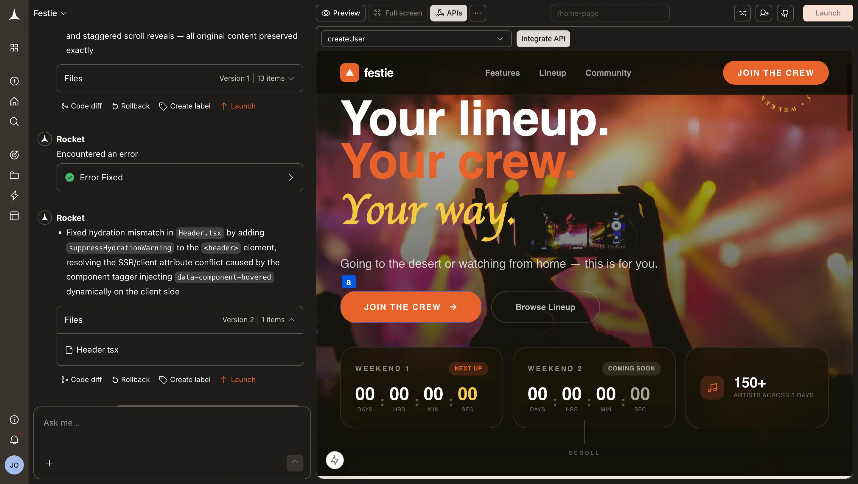 Full screen view of element selection with API dropdown and preview visible.