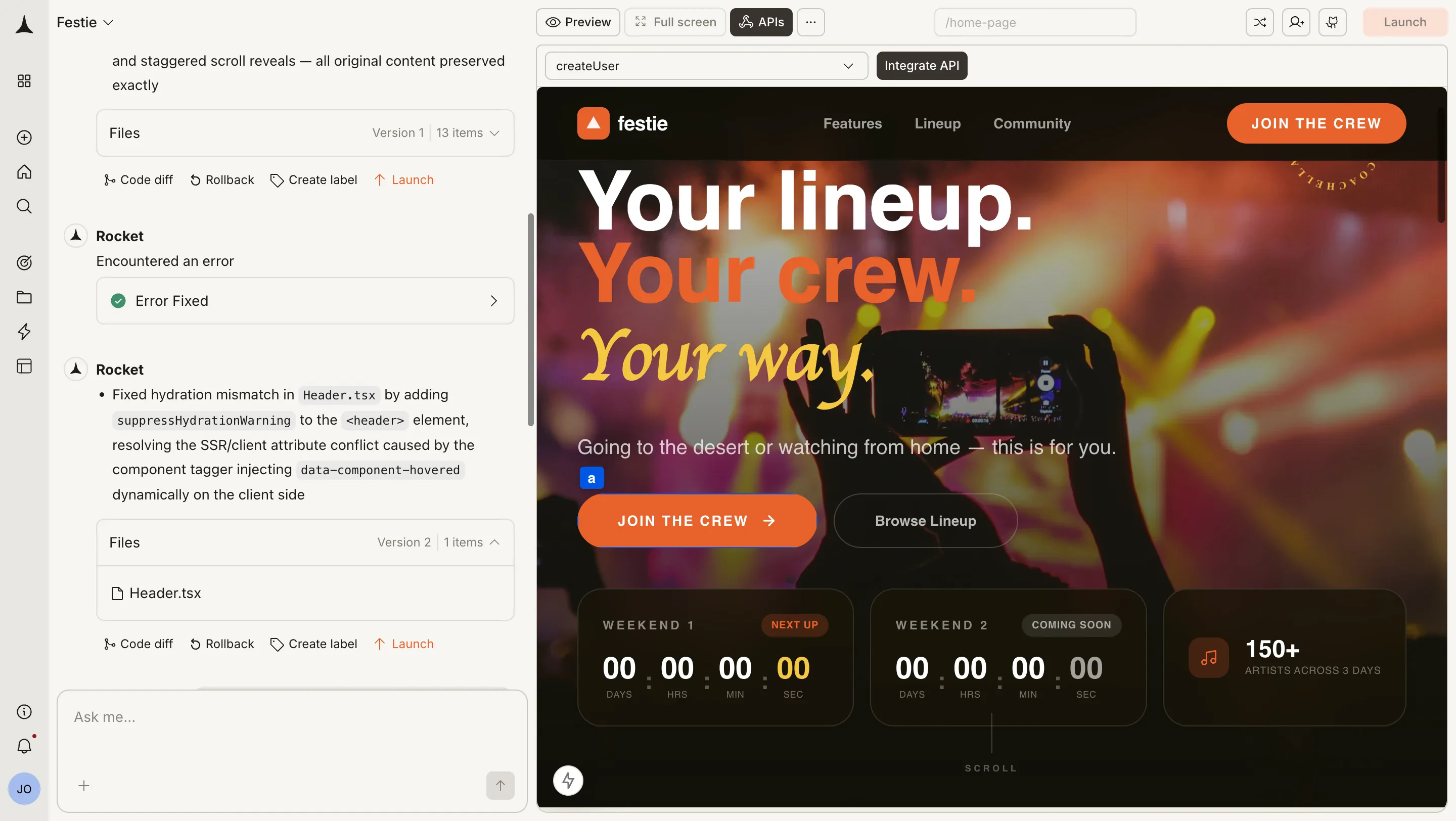 Full screen view of element selection with API dropdown and preview visible.