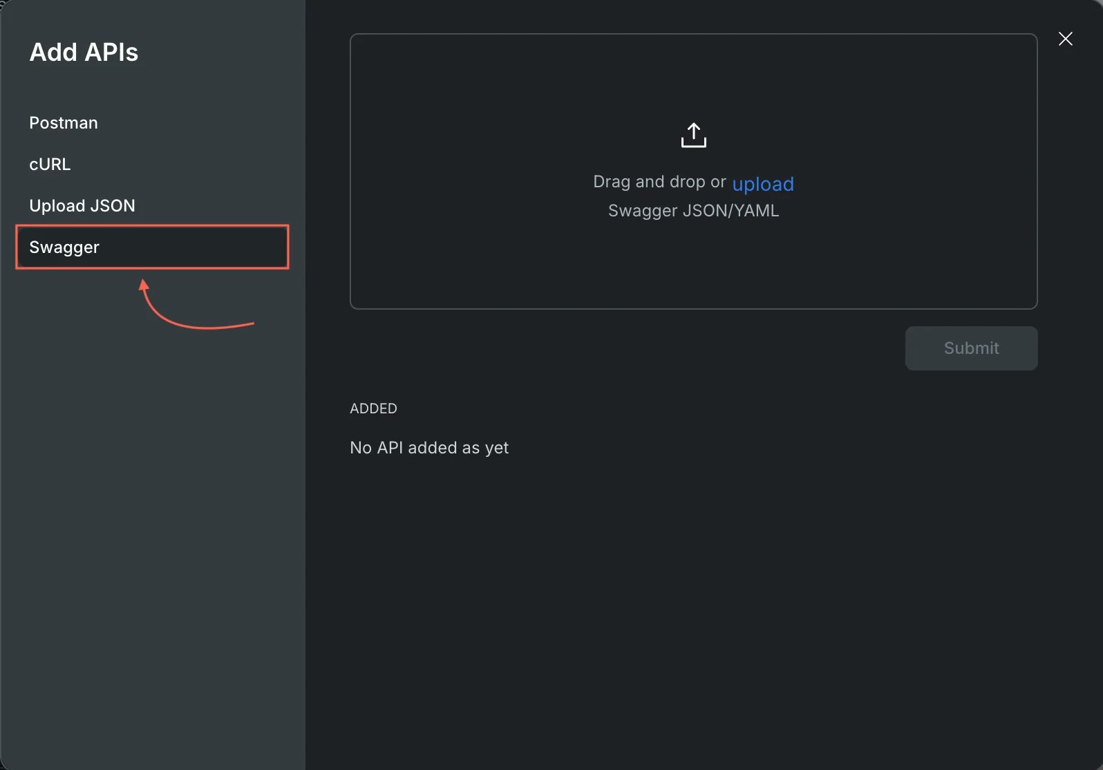 Swagger import tab with file upload area.