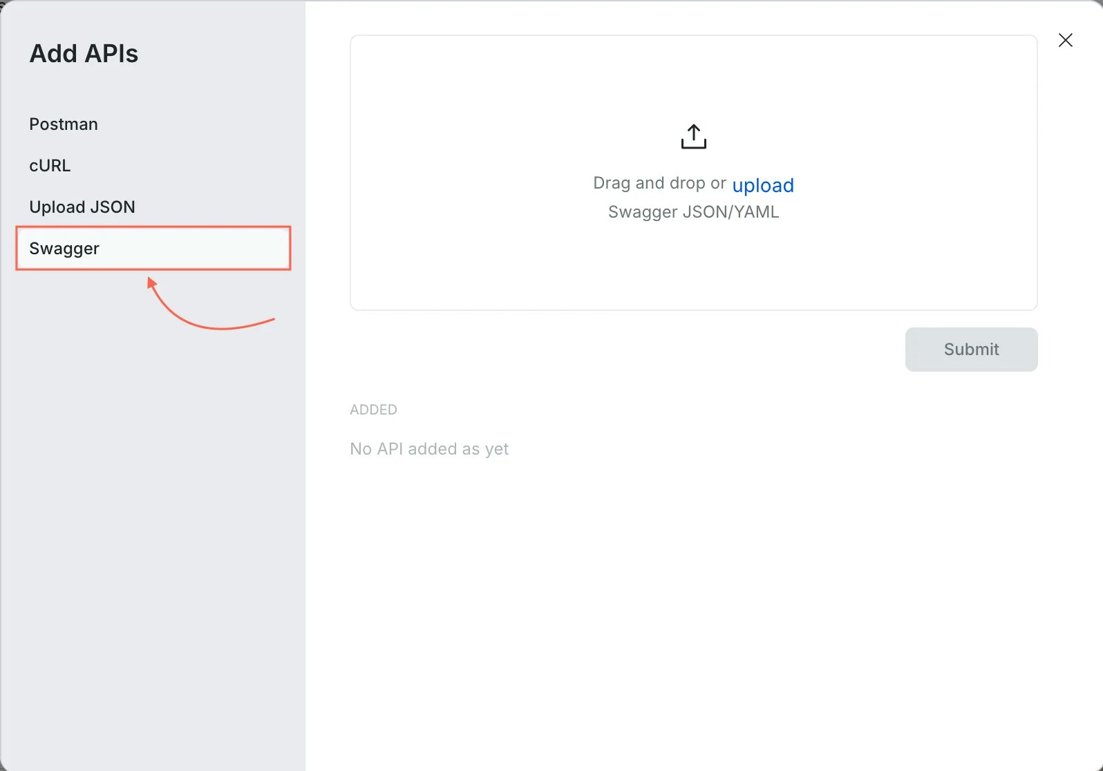 Swagger import tab with file upload area.