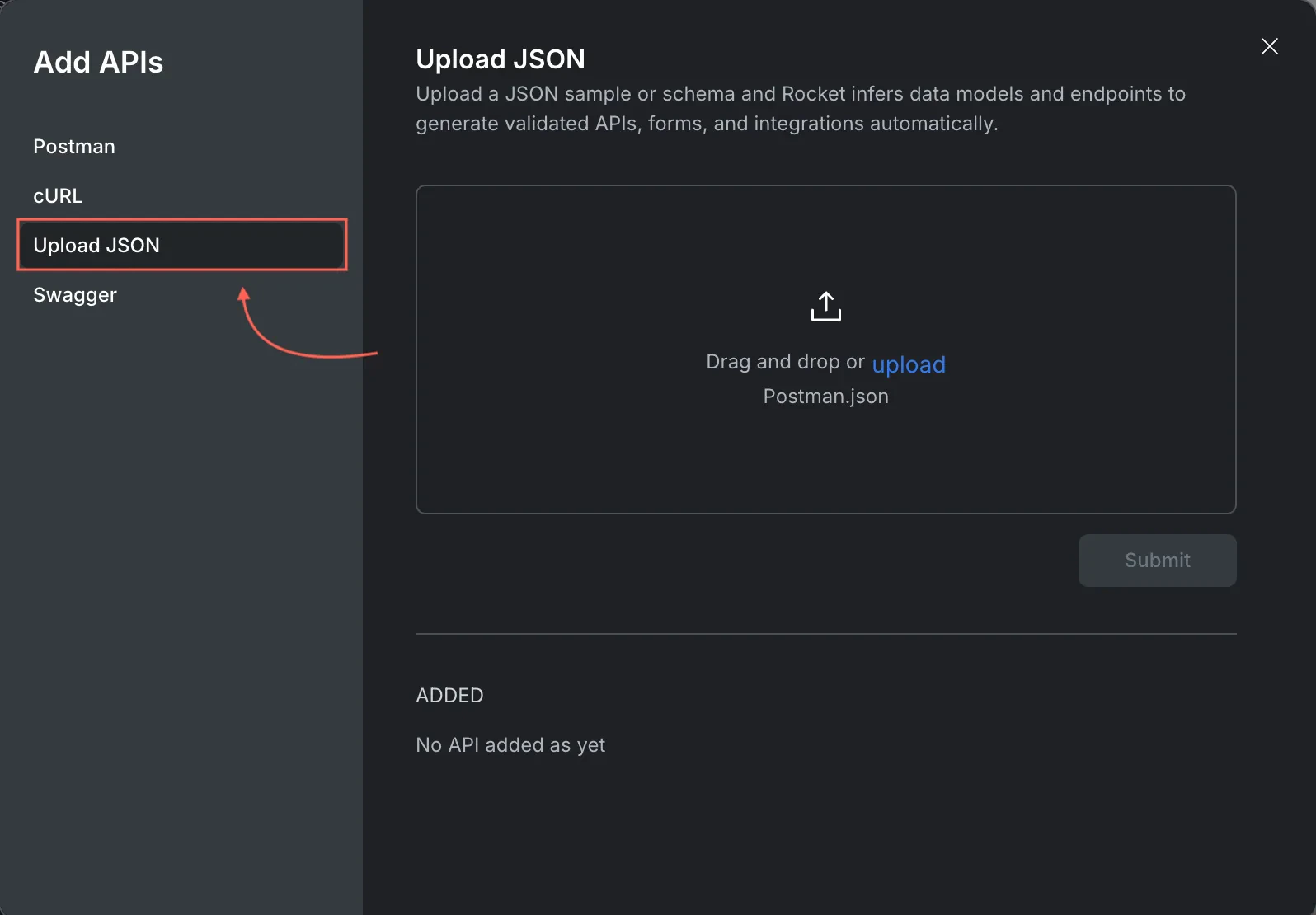 Upload JSON tab with file upload area.