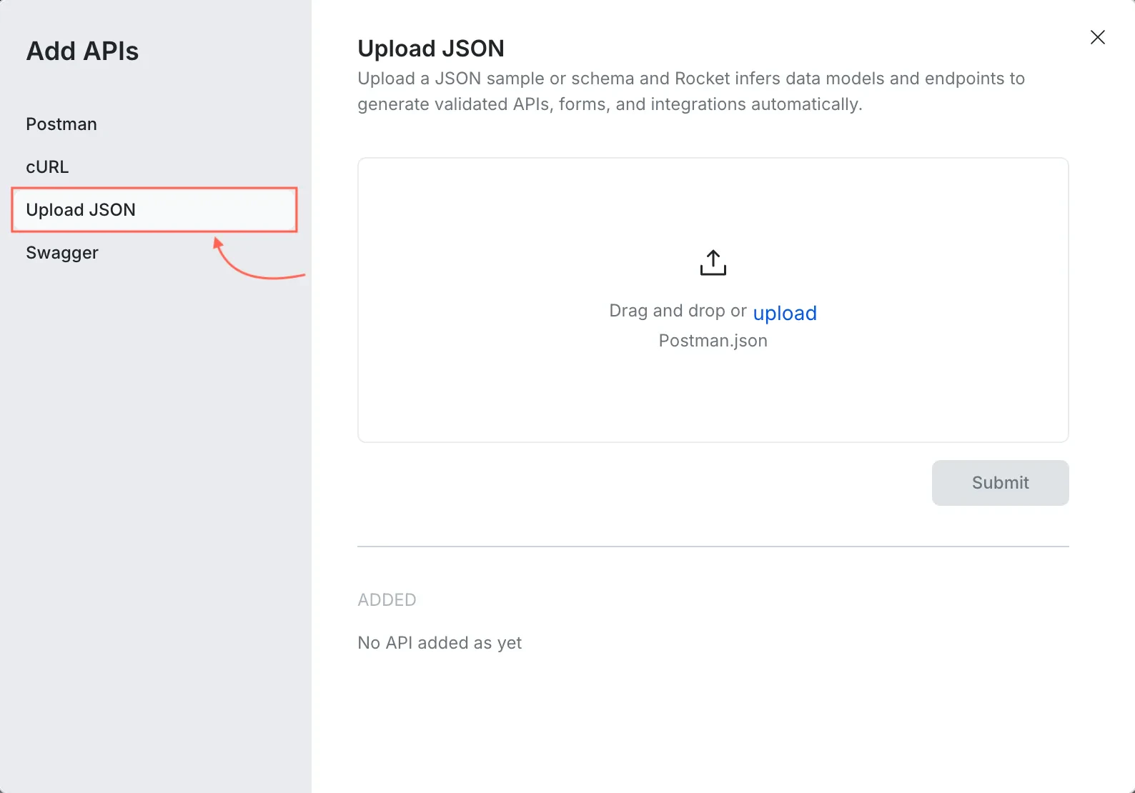 Upload JSON tab with file upload area.