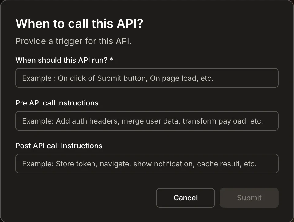 When to call this API dialog with trigger, pre-call, and post-call instruction fields.
