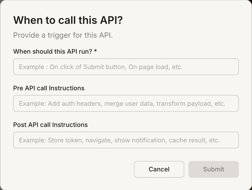 When to call this API dialog with trigger, pre-call, and post-call instruction fields.