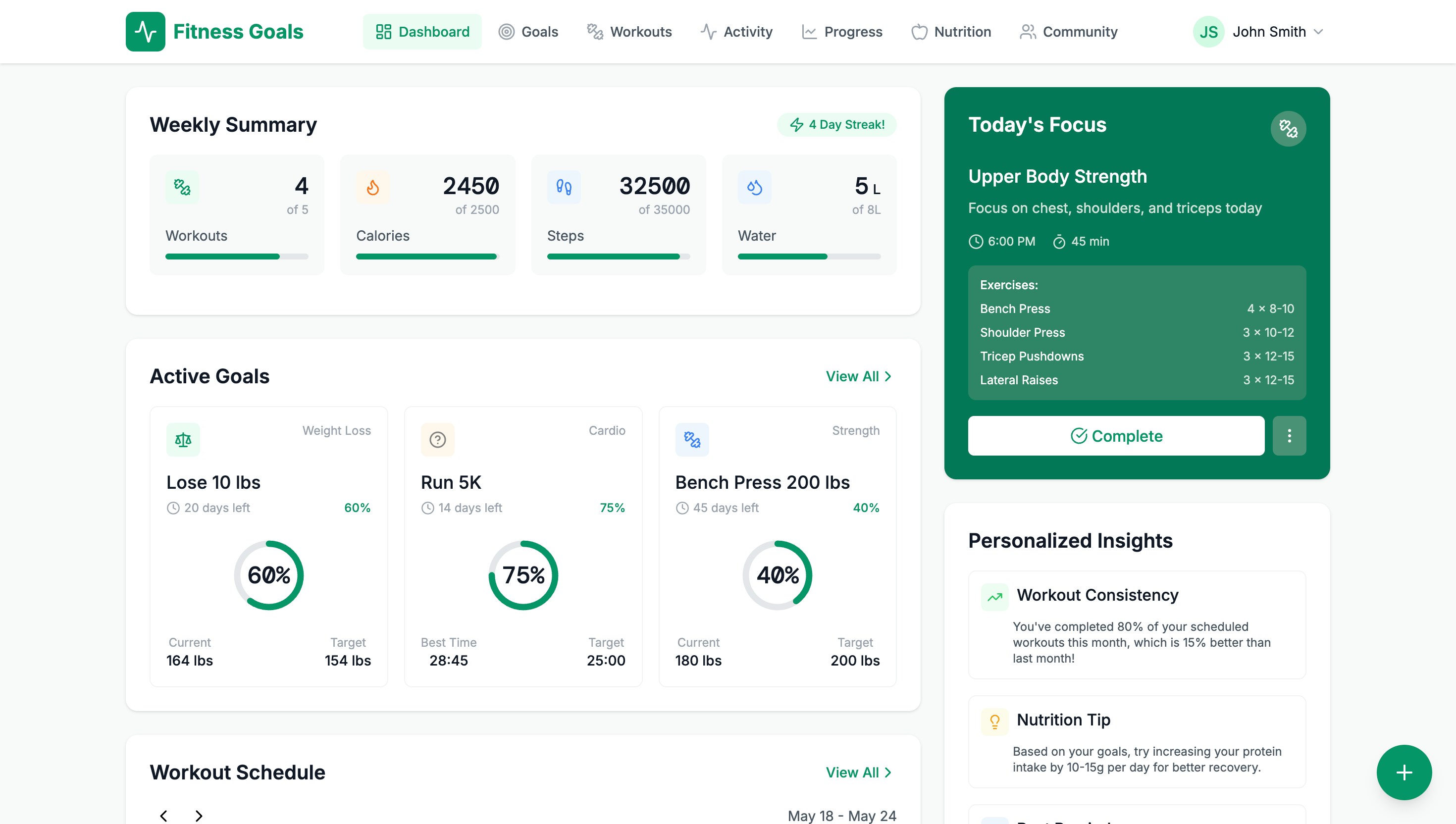 Fitness Goals Dashboard Preview