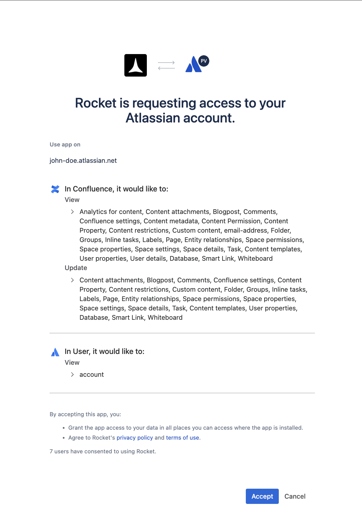 Atlassian OAuth authorization screen showing Rocket requesting access to Confluence.