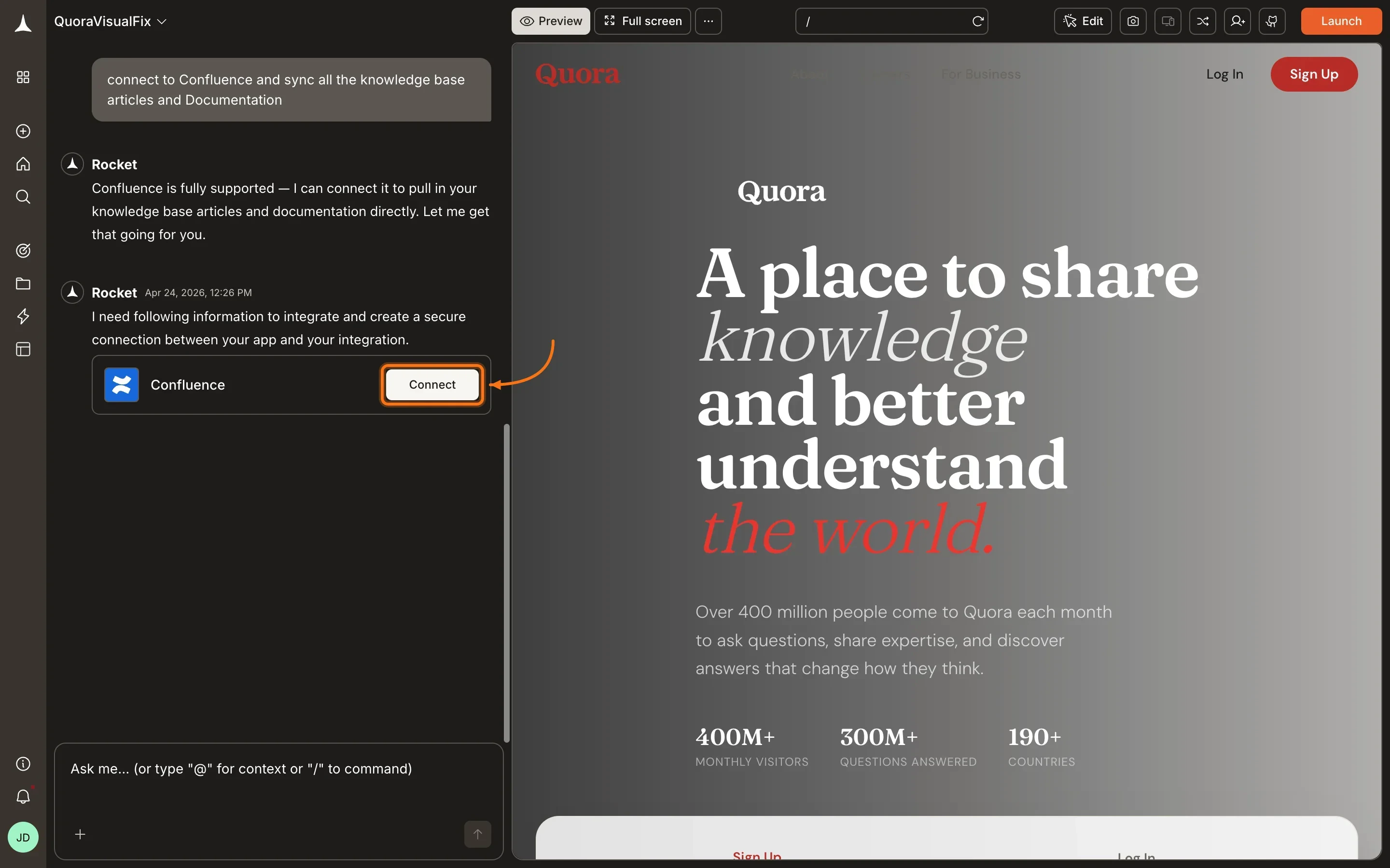 Chat showing a Connect button inline after a Confluence prompt.