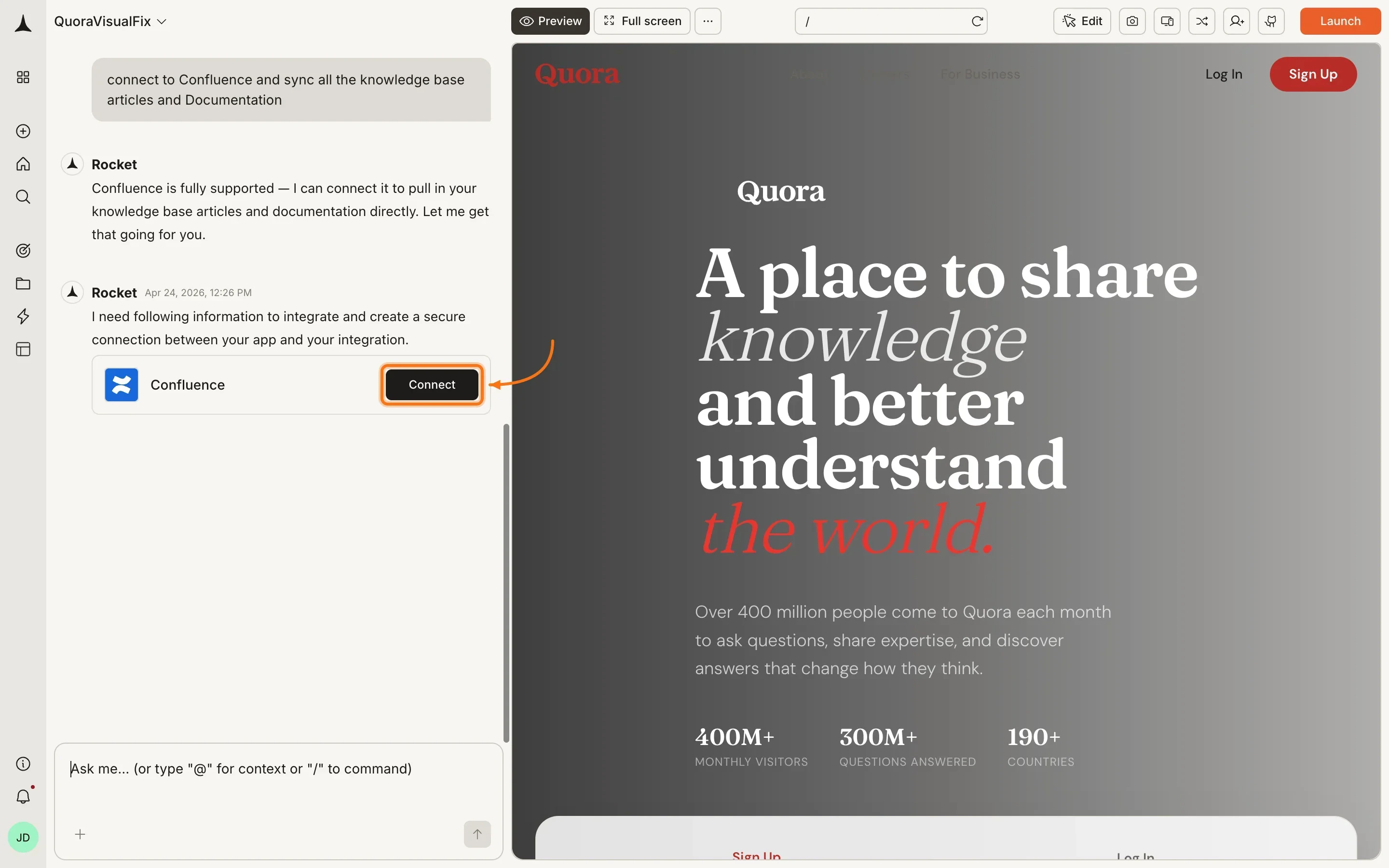 Chat showing a Connect button inline after a Confluence prompt.