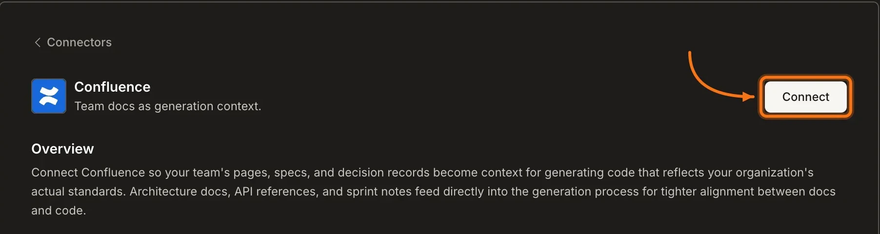 Connectors panel showing the Confluence card with a Connect with Confluence button.