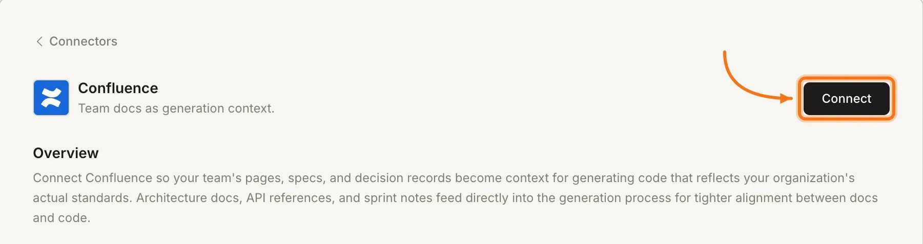 Connectors panel showing the Confluence card with a Connect with Confluence button.