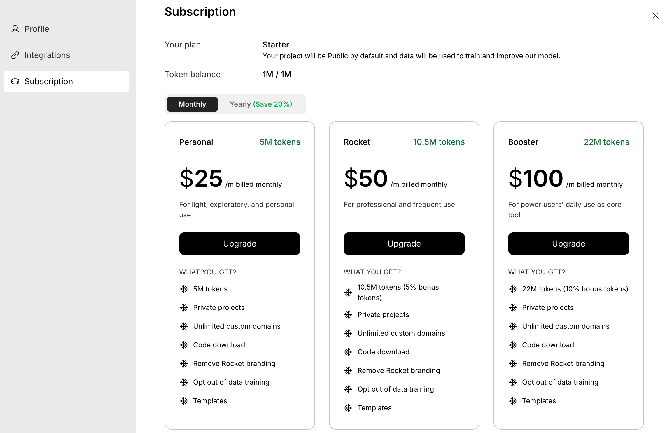 List of Rocket subscription plans with pricing and included tokens.